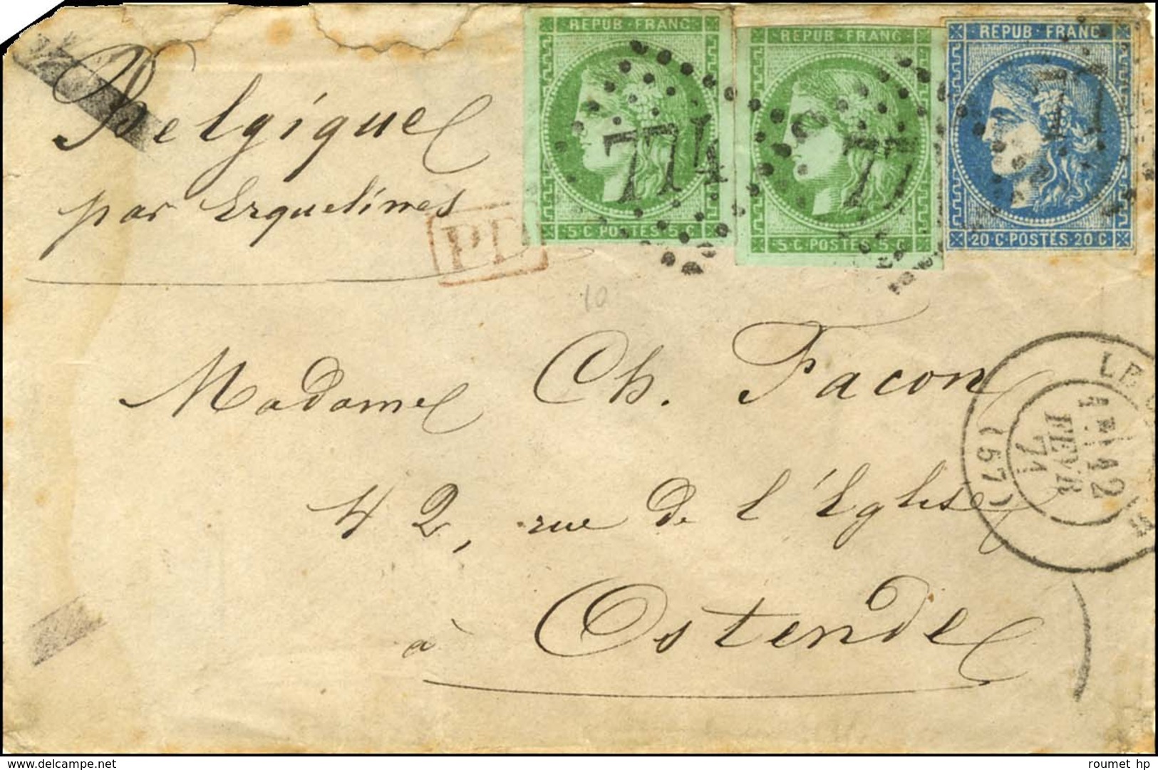 GC 774 / N° 42 (2) (1 Ex Infime Def) + 46 Càd LE CATEAU (57) 12 FEVR. 71 Sur Lettre Pour Ostende. - TB. - R. - 1870 Bordeaux Printing