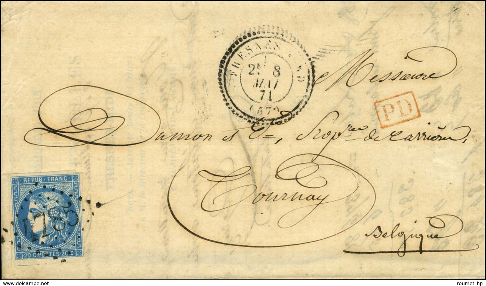 GC 4785 / N° 46 Càd T 24 FRESNES NORD (57) Sur Lettre Adressée En Belgique Au Tarif Frontalier. 1871. - TB / SUP. - 1870 Ausgabe Bordeaux