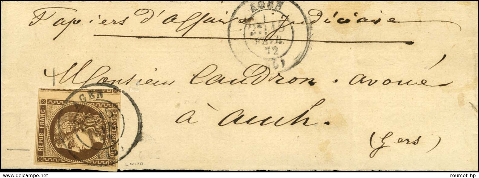 Càd T 17 AGEN (45) / N° 47 Sur Bande De Papier D'affaires Pour Auch. Au Verso, Càd D'arrivée 1872. - TB / SUP. - R. - 1870 Bordeaux Printing