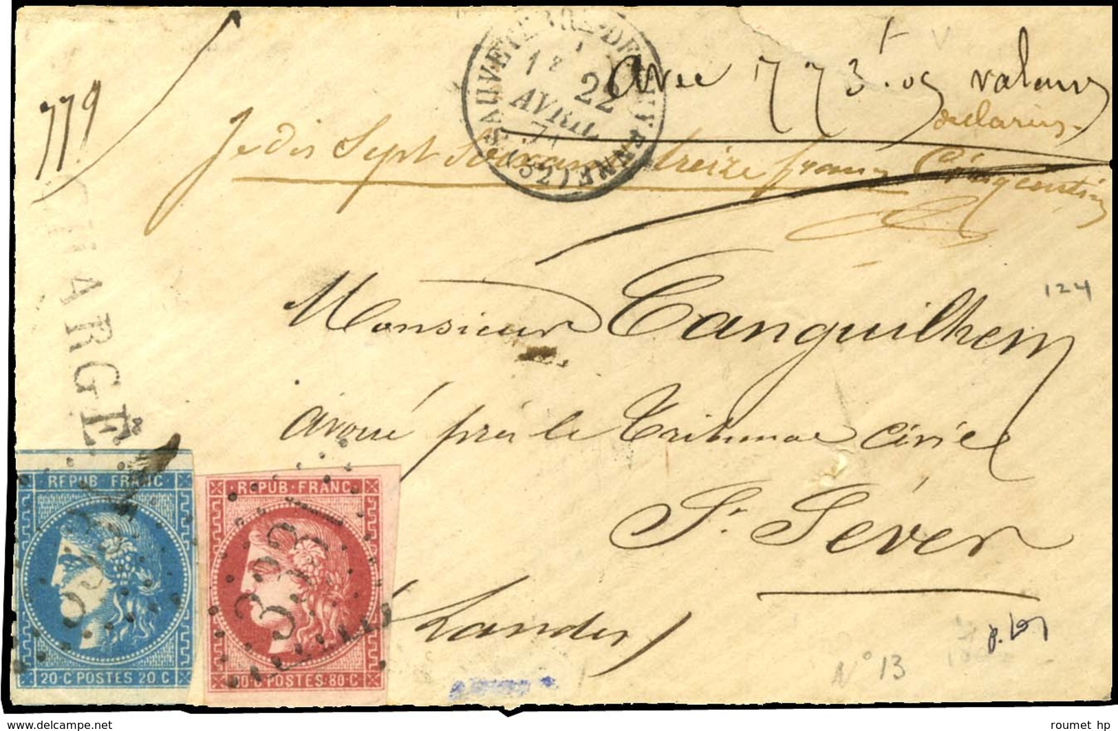 GC 3331 / N° 46 (leg Def) + 49 Càd SAUVETERRE DE GUYENNE (32) 22 AVRIL 71 Sur Lettre Incomplète Chargée Pour St Sever. A - 1870 Bordeaux Printing