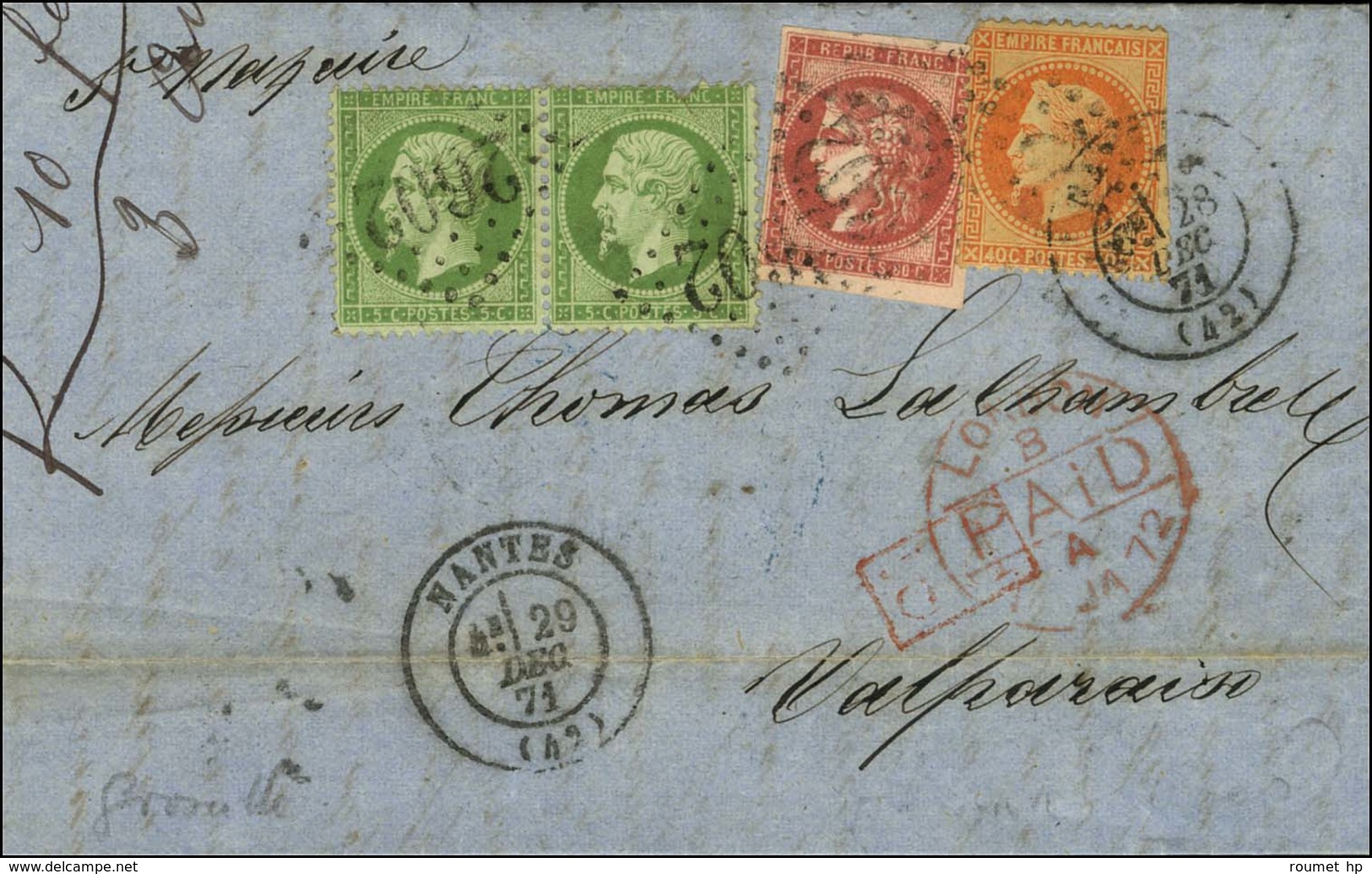 GC 2602 / N° 20 Paire + 31 (pd) + 49 Nuance Groseille Càd T 17 NANTES (42) 28 Et 29 DEC. 71 Sur Lettre Pour Valparaiso.  - 1870 Bordeaux Printing