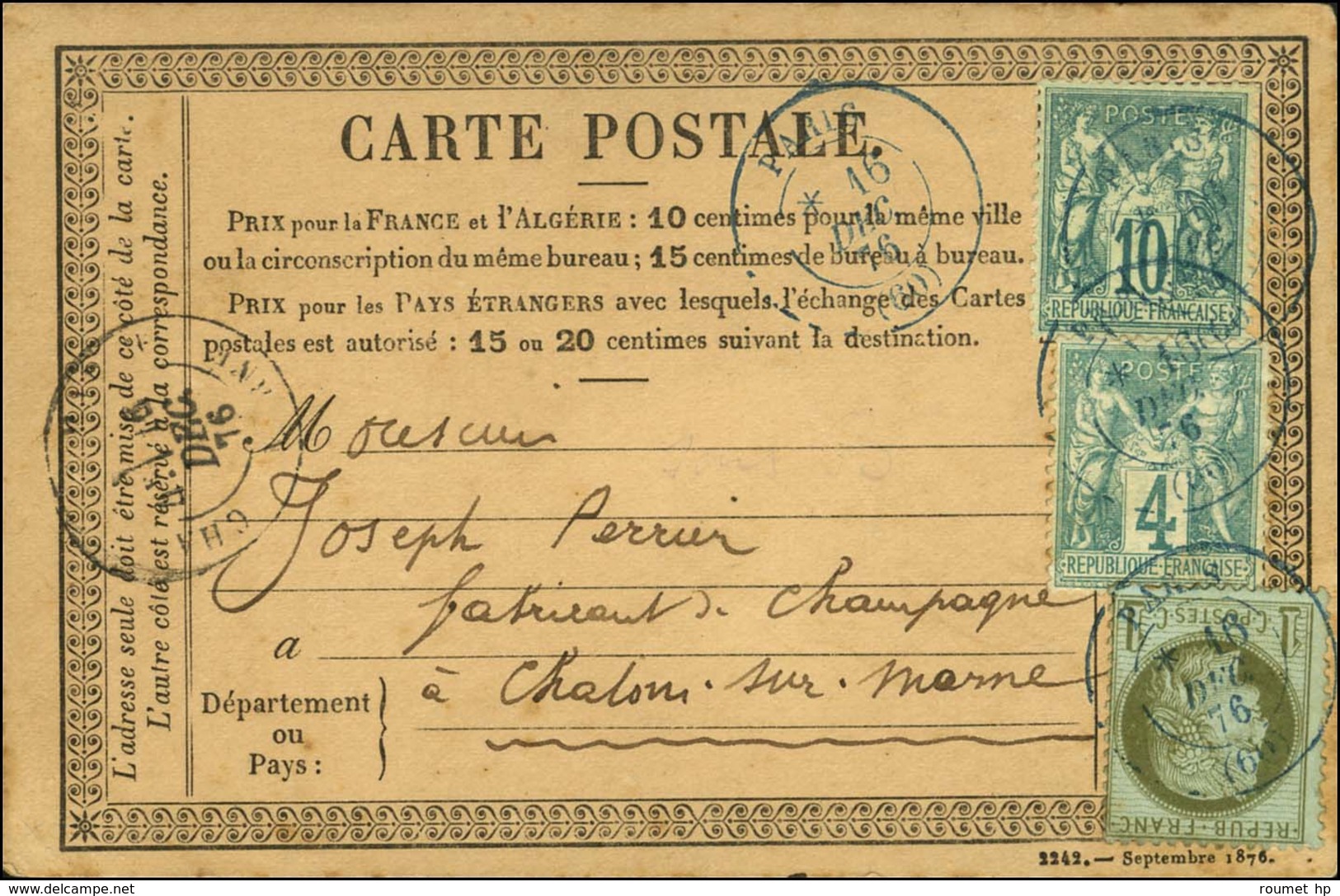 Càd Bleu PARIS (60) / N° 50 + 63 + 65 Sur Carte Précurseur Pour Chalon-sur-Marne. 1876. - SUP. - R. - 1871-1875 Ceres
