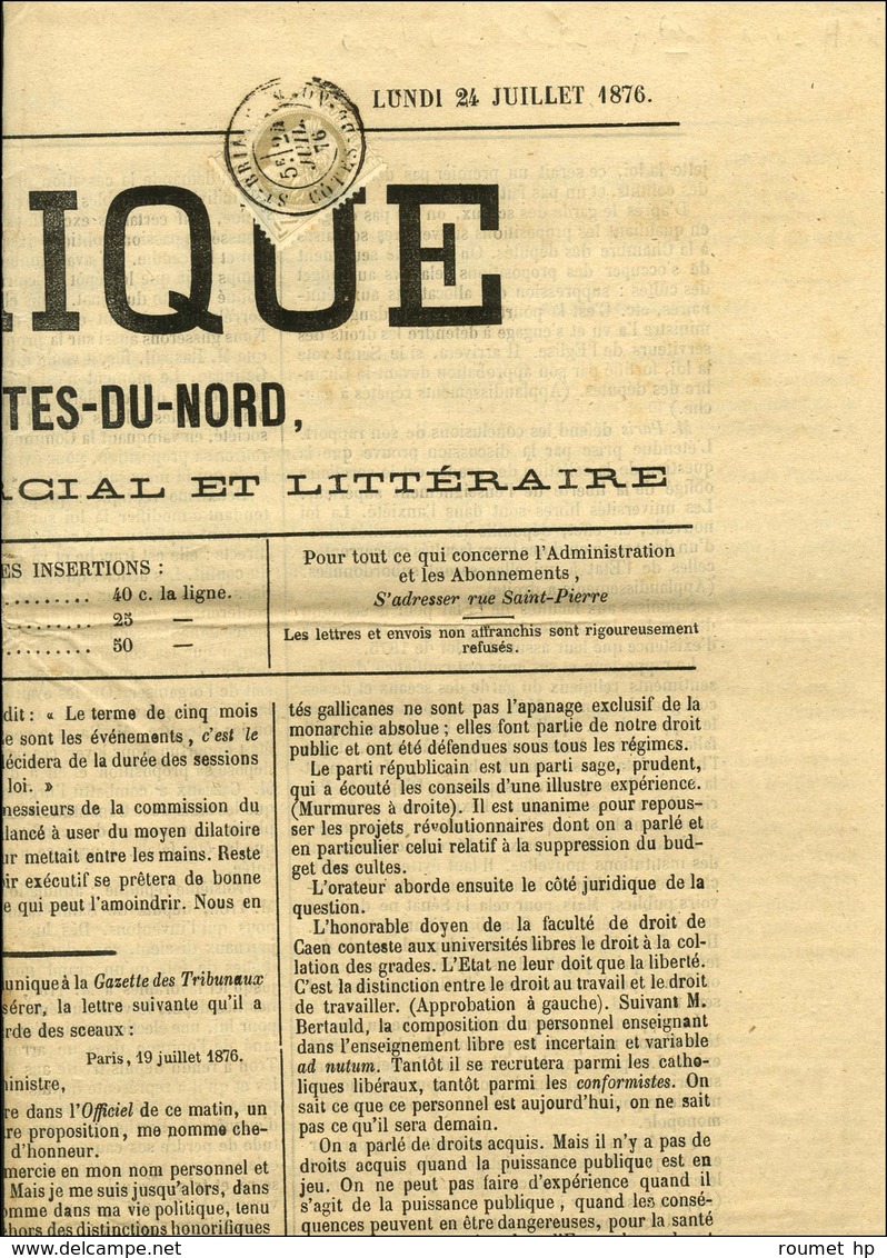 Càd ST BRIEUC / COTES DU NORD / N° 52 Sur Journal Complet L'ARMORIQUE Daté Le 24 Juillet 1876. - TB / SUP. - 1871-1875 Ceres