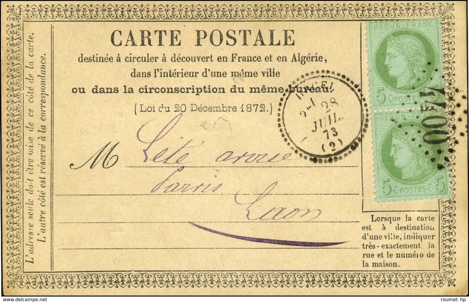 GC 4400 / N° 53 Paire Càd T 23 URCEL (2) Sur Carte Précurseur Locale Pour Laon. 1873. Exceptionnel Usage Du Type 23 En L - 1871-1875 Ceres