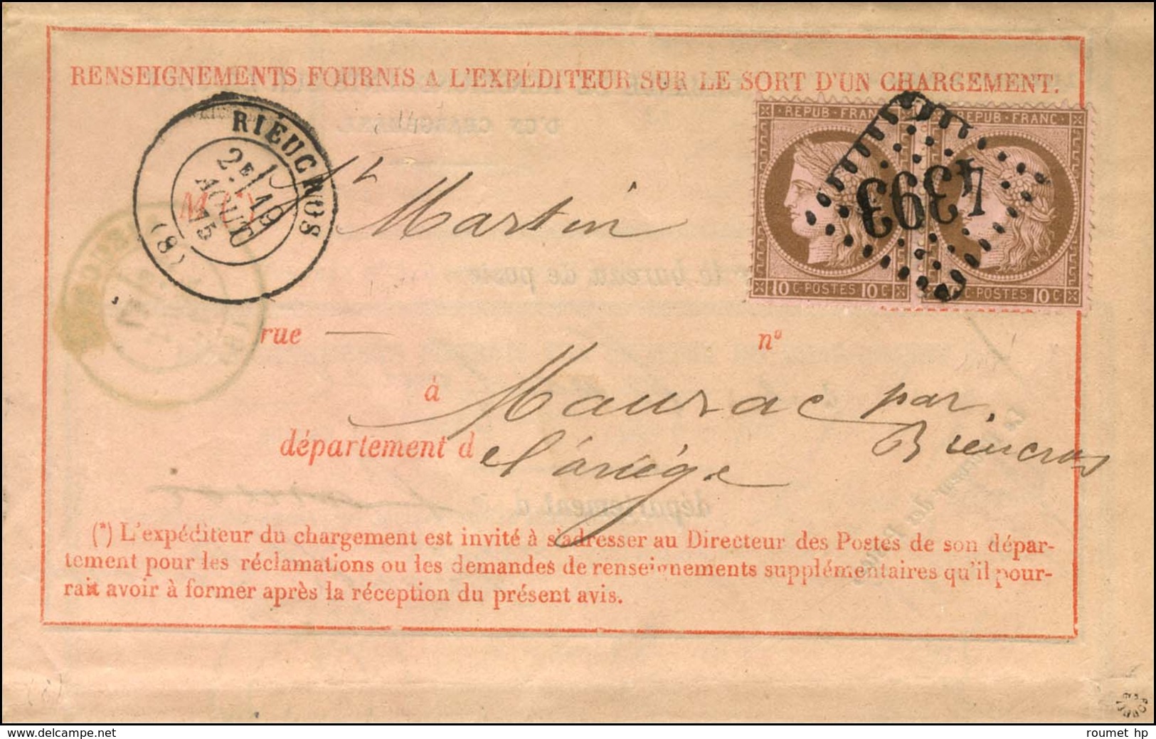 GC 4393 / N° 54 Paire Càd T 17 RIEUCROS (8) Sur Avis De Réception. 1875. - SUP. - 1871-1875 Ceres