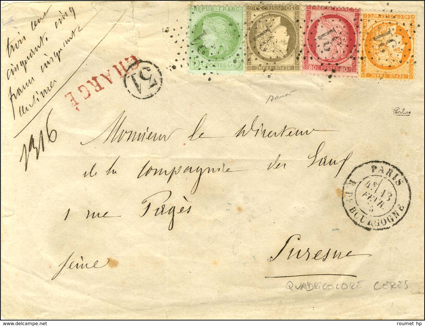 Etoile 31 / N° 38 + 53 + 56 + 57 Càd PARIS / R. DE BOURGOGNE Sur Lettre Chargée. Bel Affranchissement Quadricolore. - TB - 1871-1875 Ceres