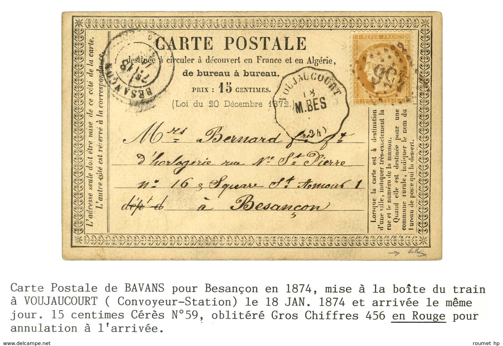 GC Rouge 456 (Besançon) / N° 59 Conv. Stat. VOUJAUCOURT / M. BES (24) Sur CP Avec Texte Daté De Bavans Le 18 Janvier 187 - 1871-1875 Ceres