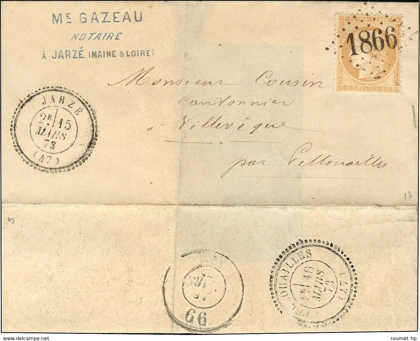 GC 1866 / N° 59 Càd T 24 JARZÉ (47) Sur Lettre Locale. 1873. - SUP. - 1871-1875 Ceres