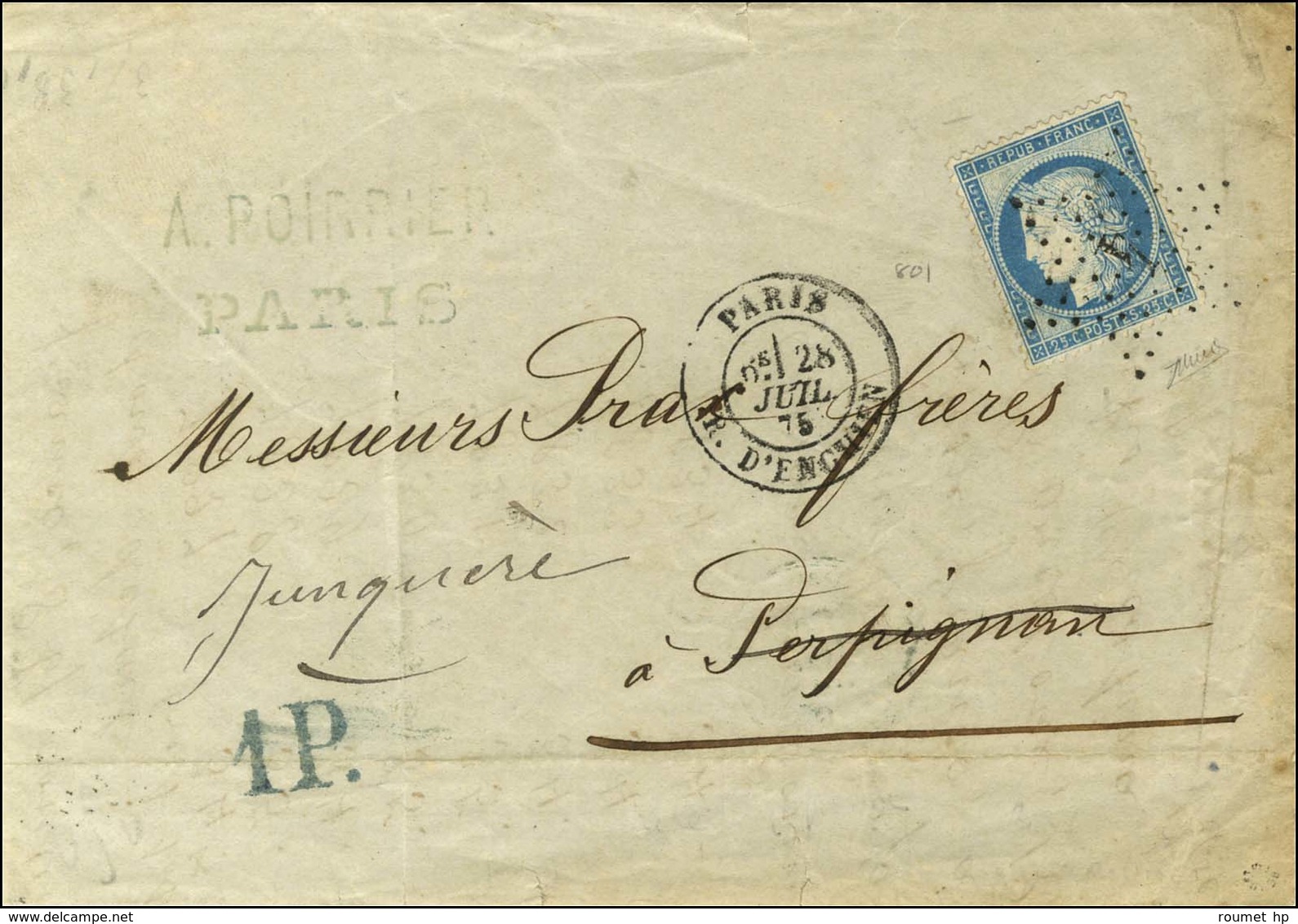 Etoile 4 / N° 60 Càd PARIS / R. D'ENGHIEN Sur Lettre Pour Perpignan Réexpédiée à La Junquère (Espagne) Taxée 1 P Bleu. 1 - 1871-1875 Ceres