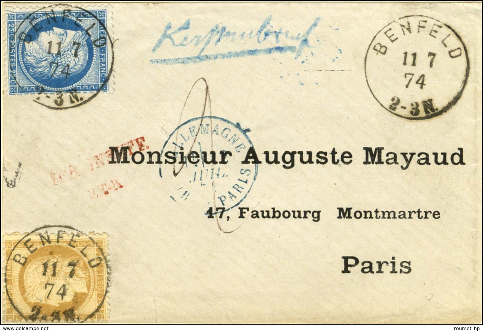 Càd BENFELD / N° 55 + 60 Sur Lettre Insuffisamment Affranchie Pour Paris. 1874. Exceptionnelle Combinaison. - SUP. - RR. - 1871-1875 Ceres