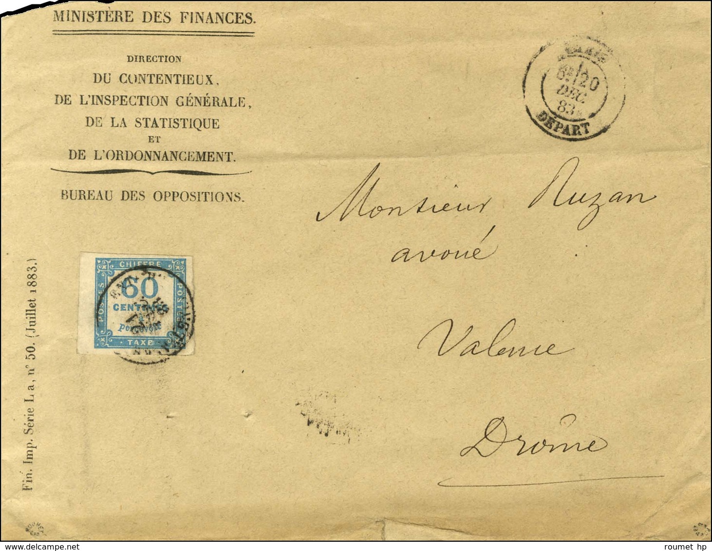 Càd PARIS / DEPART Sur Lettre Non Affranchie Pour Valence. Timbre-taxe N° 9 Bdf Obl Càd. 1883. - TB. - R. - 1859-1959 Cartas & Documentos