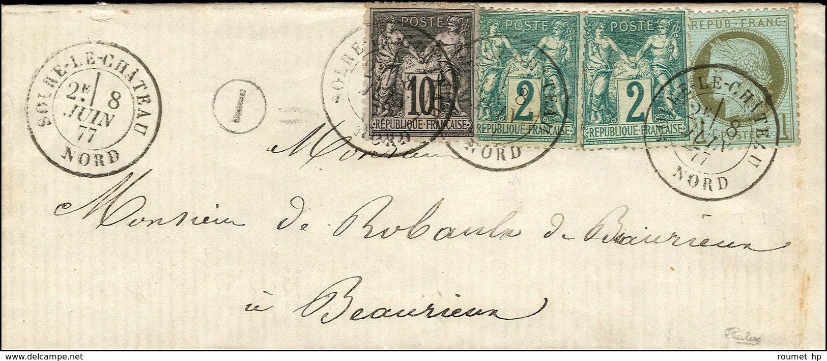 Càd T 18 SOLRE-LE-CHATEAU / NORD / N° 50 + N° 62 (2) + N° 89 Sur Lettre Pour Beaurieux. 1877. - SUP. - R. - 1876-1878 Sage (Type I)