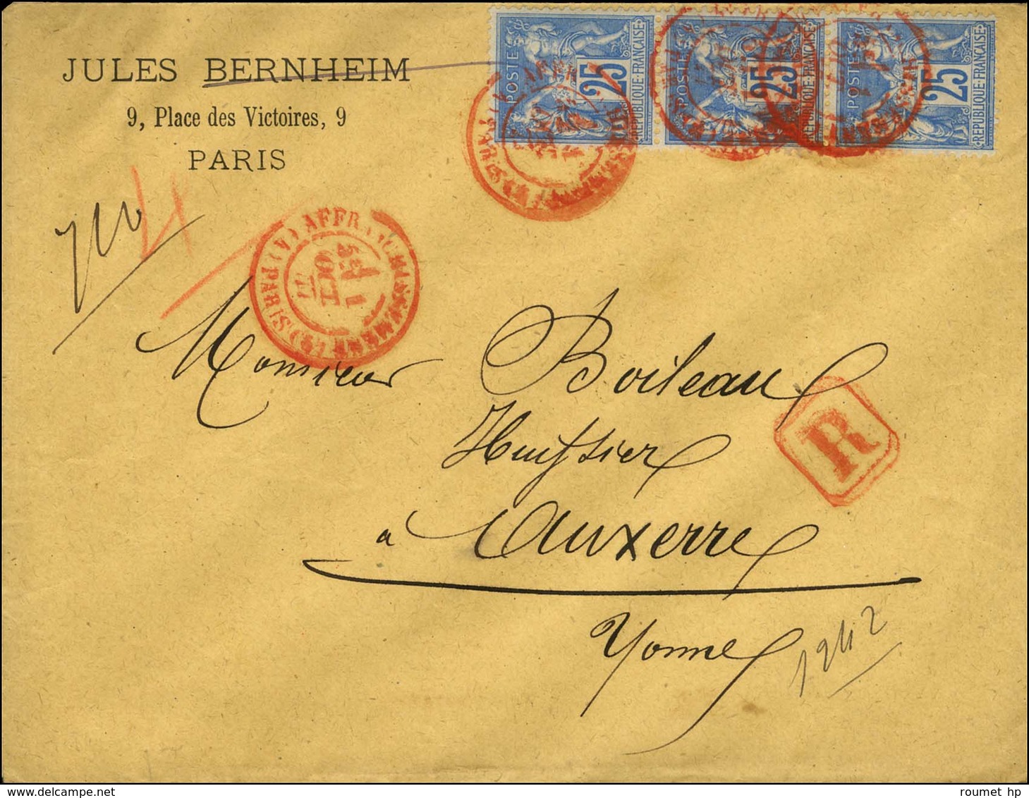 Càd Rouge (4) AFFRANCHISSEMENT (4) / PARIS / N° 79 Bande De 3 Sur Lettre Recommandée Pour Auxerre. 1877. - TB / SUP. - R - 1876-1878 Sage (Type I)