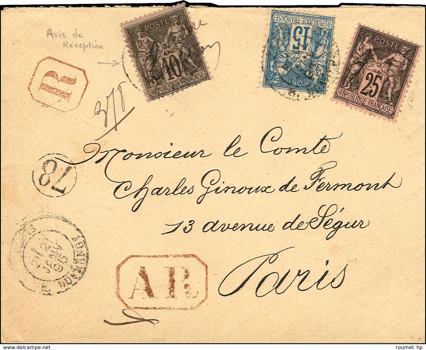 Càd PARIS / R. DUFRENOY / N° 89 + N° 97 + N° 101 Sur Lettre Recommandée Avec AR (rare Mention Manuscrite Sur Le 10c. : ' - 1876-1878 Sage (Type I)