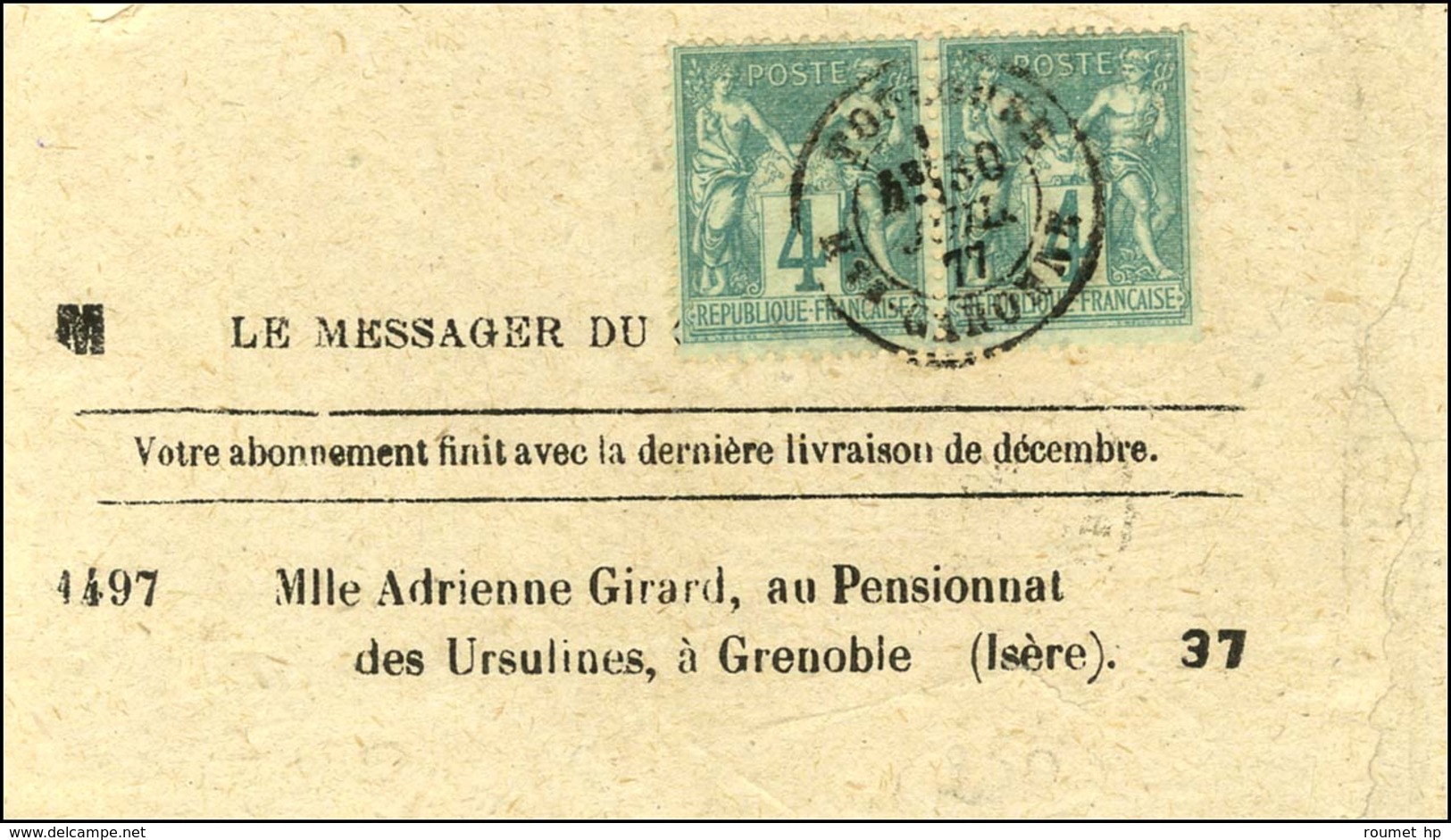 Càd T 18 TOULOUSE / HAUTE GARONNE / N° 63 Paire Sur Bande De Journal LE MESSAGER DU COEUR DE JESUS Pour Grenoble (envoi  - 1876-1878 Sage (Type I)