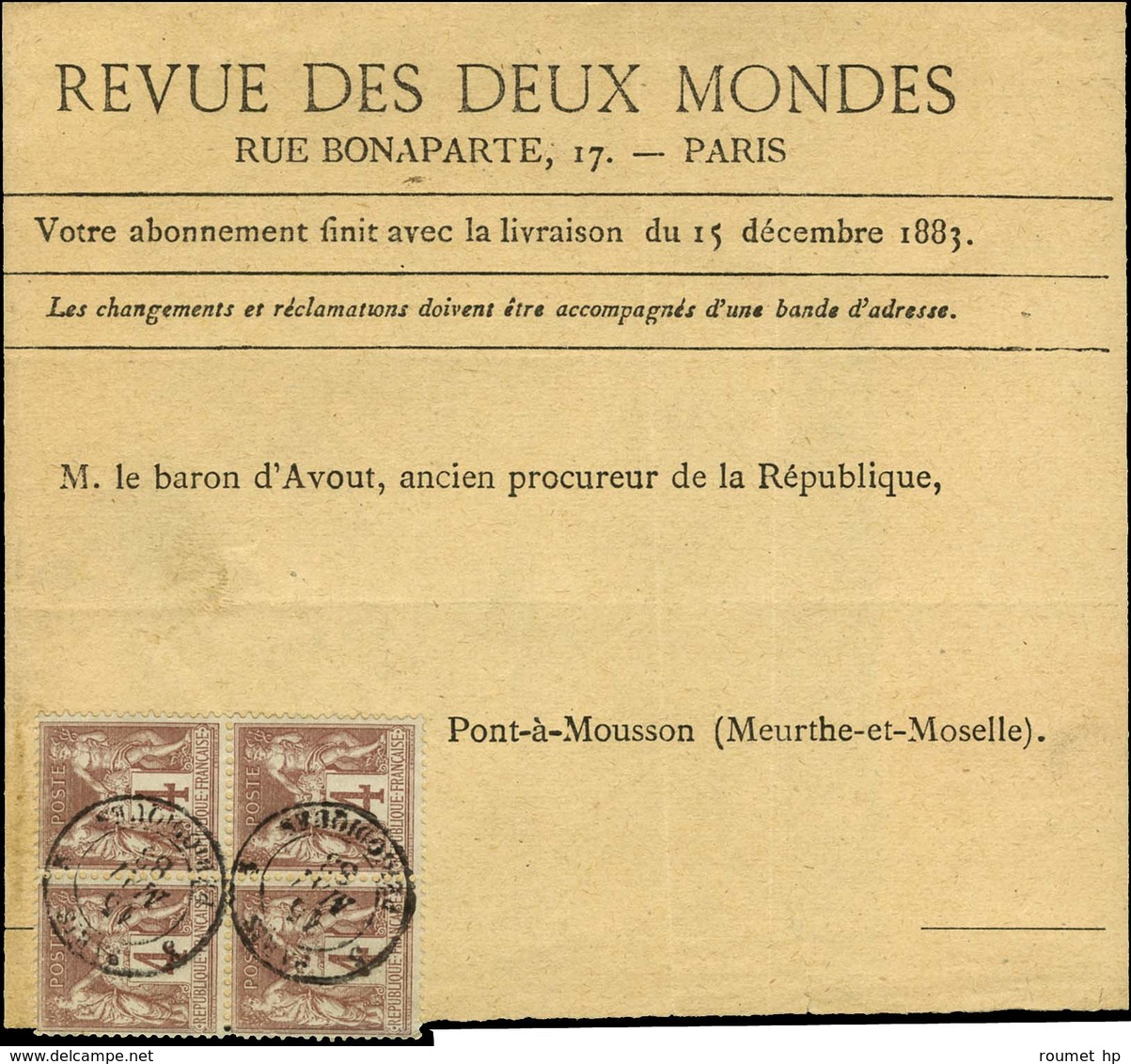 Càd 5 PARIS 5 / PERIODIQUES / N° 88 Bloc De 4 Sur Bande De Journal REVUE DES DEUX MONDES (15ème échelon Rayon Général).  - 1876-1878 Sage (Type I)