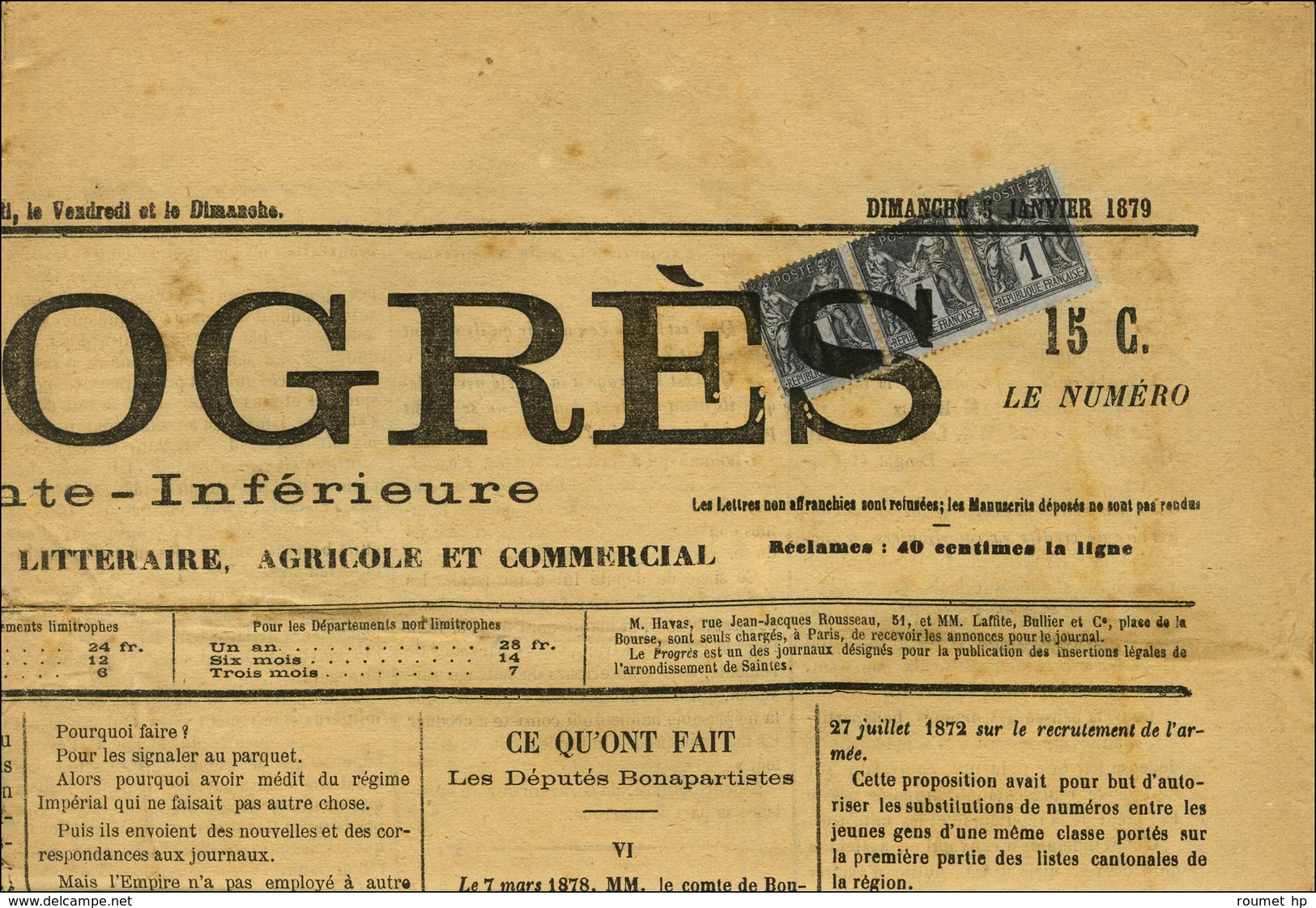 Oblitération Typo / N° 83 Bande De 3 Sur Journal Entier LE PROGRES DE LA CHARENTE INFERIEURE (2ème échelon Rayon Général - 1876-1878 Sage (Type I)