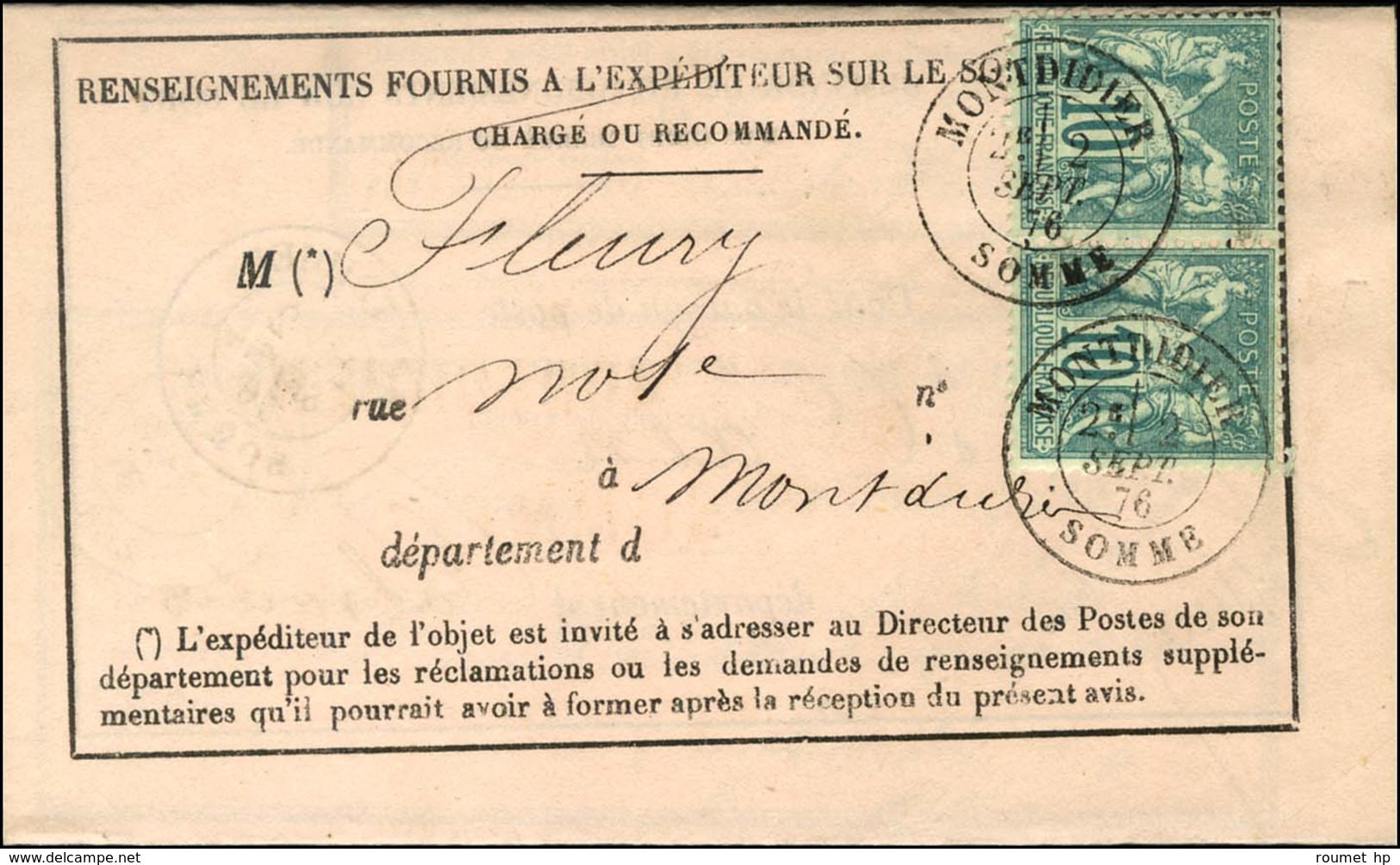 Càd T 18 MONTDIDIER / SOMME / N° 65 Paire Sur Avis De Réception. 1876. - SUP. - 1876-1878 Sage (Type I)
