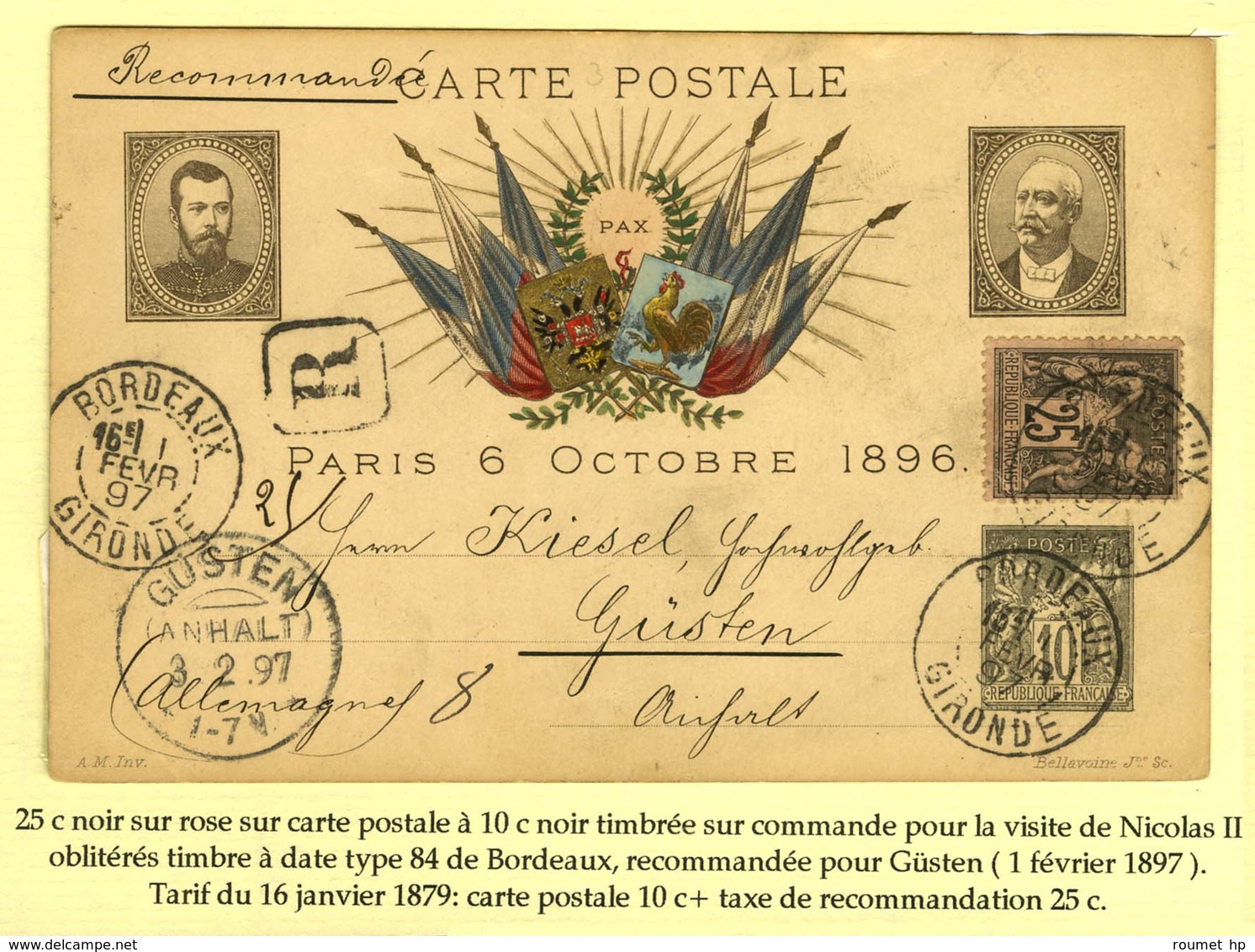 Càd BORDEAUX / GIRONDE Sur Carte Postale à 10c + N° 97 Timbrée Sur Commande Pour La Visite De Nicolas 2, Recommandée Pou - 1876-1878 Sage (Type I)