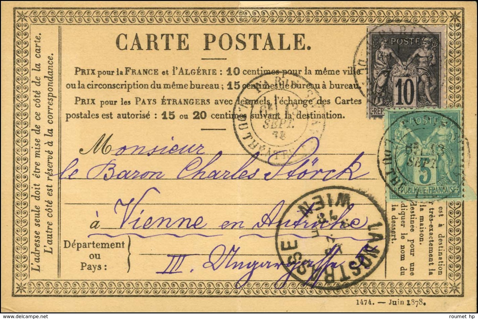 Càd PARIS / PL. DU THEATRE FRANCAIS / N° 75 + 89 Sur Carte (léger Pli) Pour Vienne. Au Recto, Càd D'arrivée. 1878. - TB. - 1876-1878 Sage (Type I)