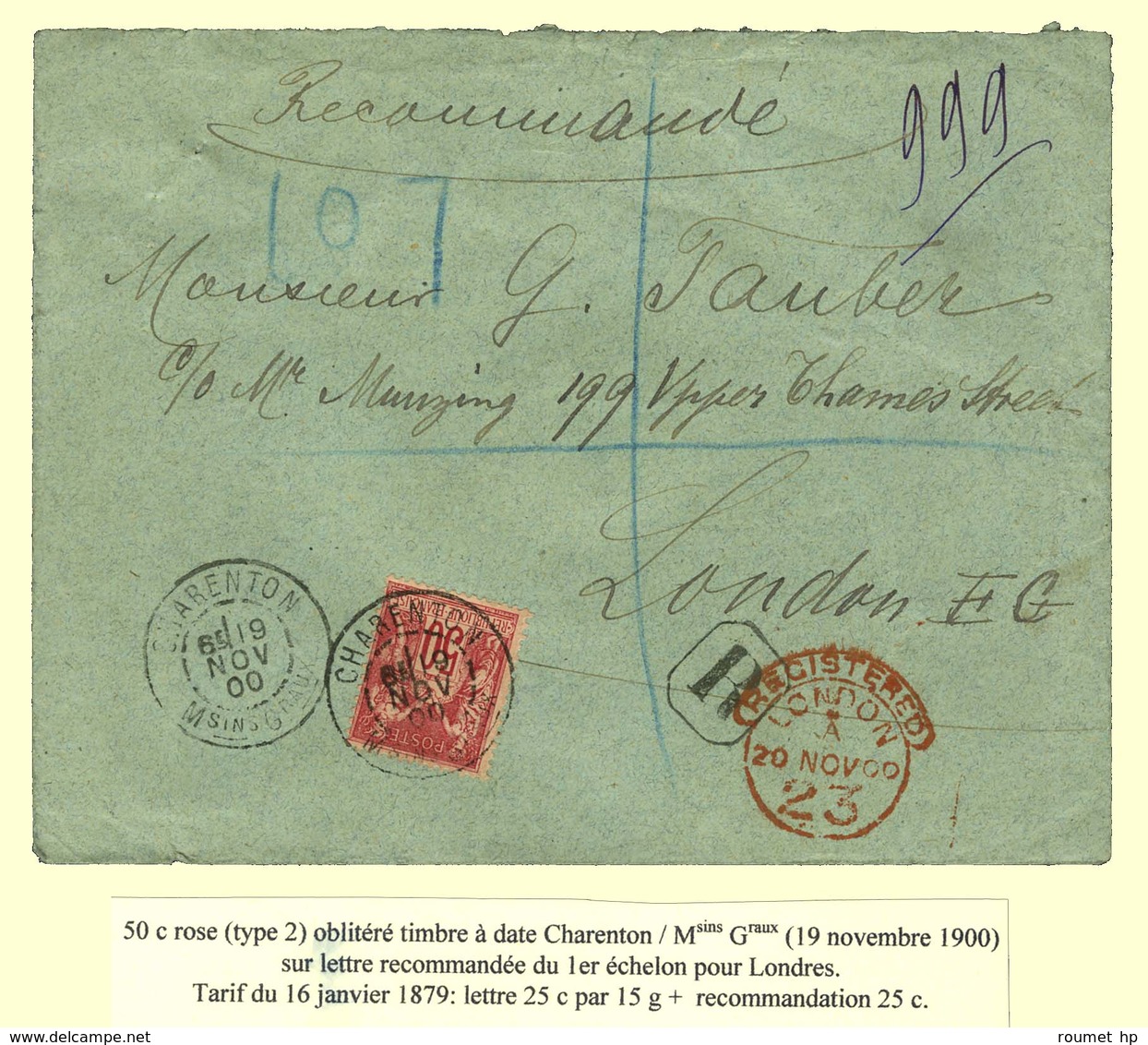 Càd CHARENTON / Msins Graux / N° 98 Sur Lettre Recommandée Pour Londres. 1900. - SUP. - R. - 1876-1878 Sage (Type I)