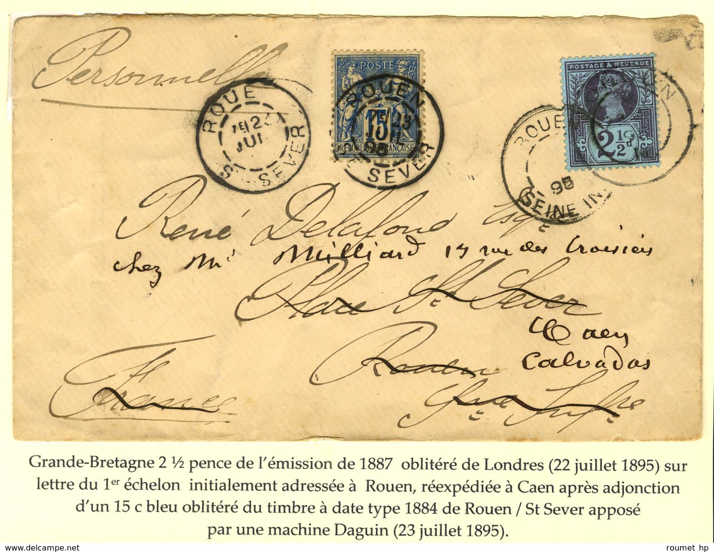 Càd LONDON / 2 1/2 Pence Sur Lettre Pour Rouen Réexpédiée à Caen. Càd DAGUIN ROUEN / ST SEVER / N° 90. Bel Affranchissem - 1876-1878 Sage (Type I)