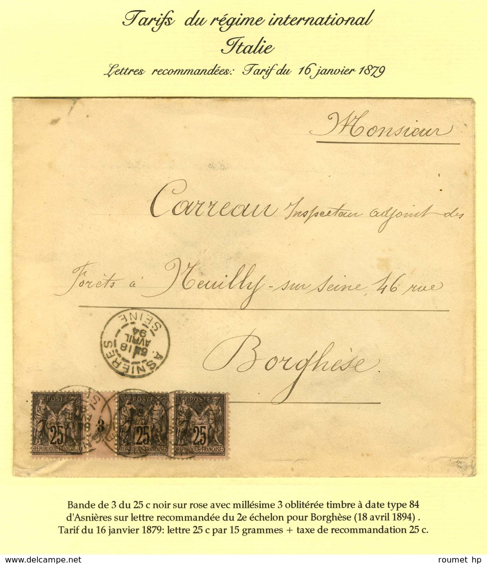 Càd ASNIERES / SEINE / N° 97 Bande De 3 Dont Paire Millésimée 3 Sur Lettre 2 Ports Pour Borghese. 1894. - TB / SUP. - R. - 1876-1878 Sage (Type I)