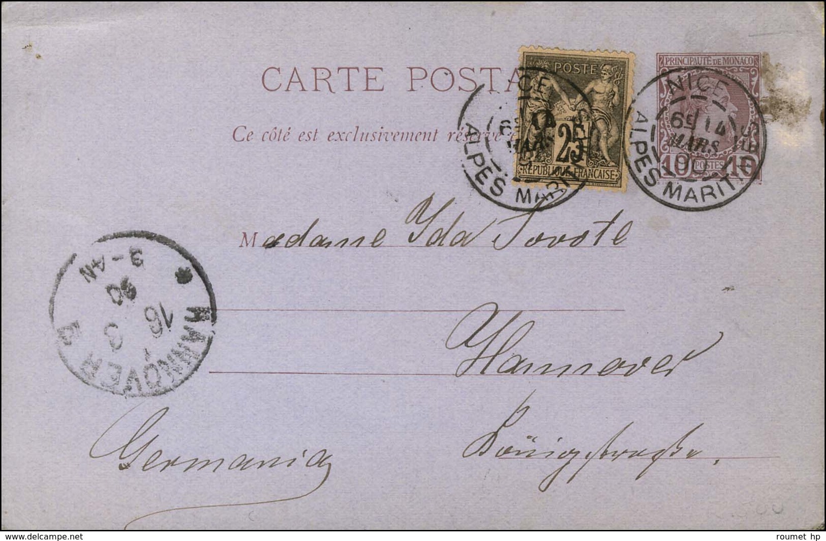 Càd NICE / ALPES MARITIMES Sur Entier 10c Monaco + N° 97 Daté De Monte Carlo Pour L'Allemagne. Affranchissement Mixte. 1 - 1876-1878 Sage (Typ I)