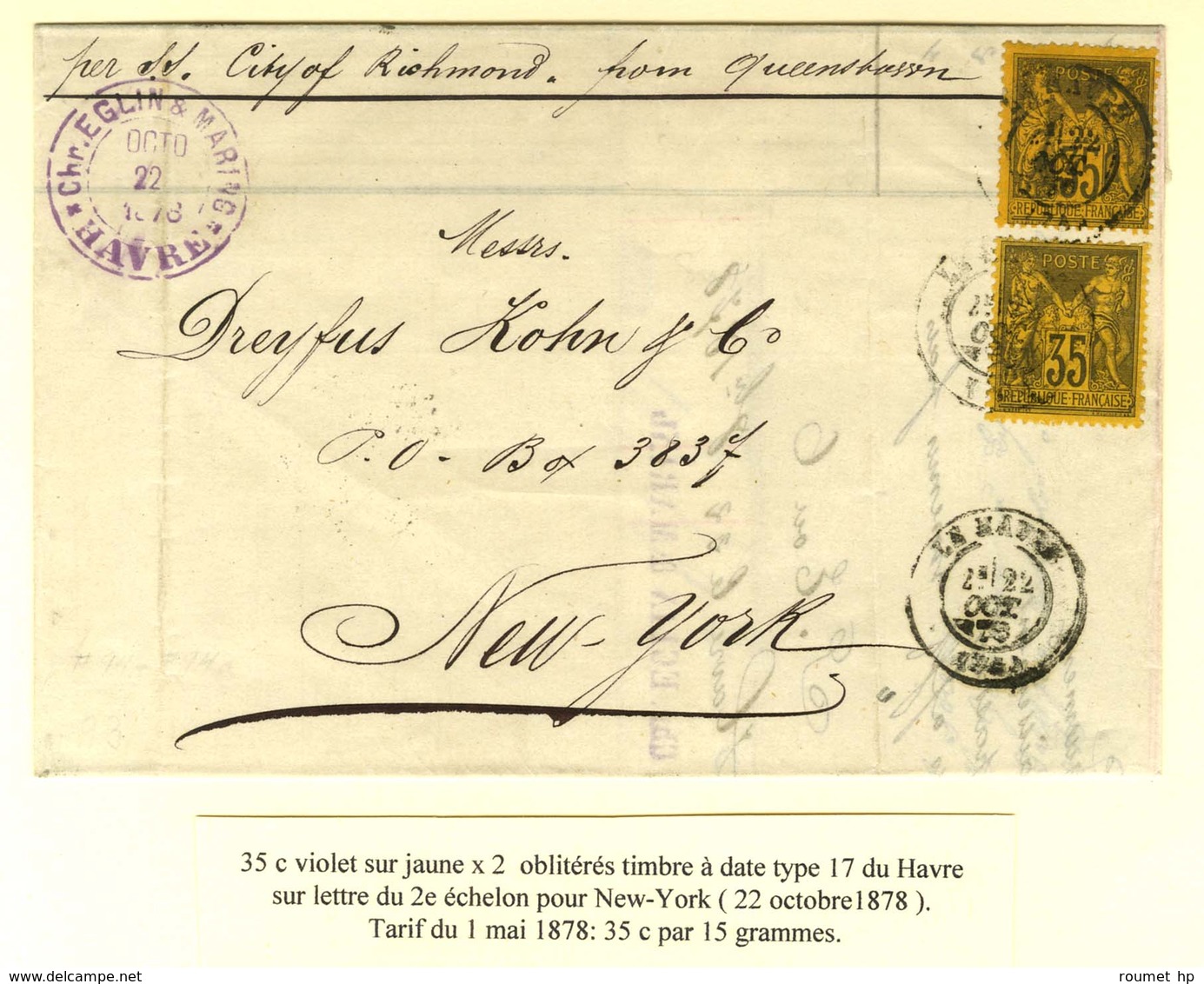 Càd LE HAVRE (74) / N° 93 (2) Sur Lettre 2 Ports Pour New York. 1878. - TB. - R. - 1876-1878 Sage (Type I)