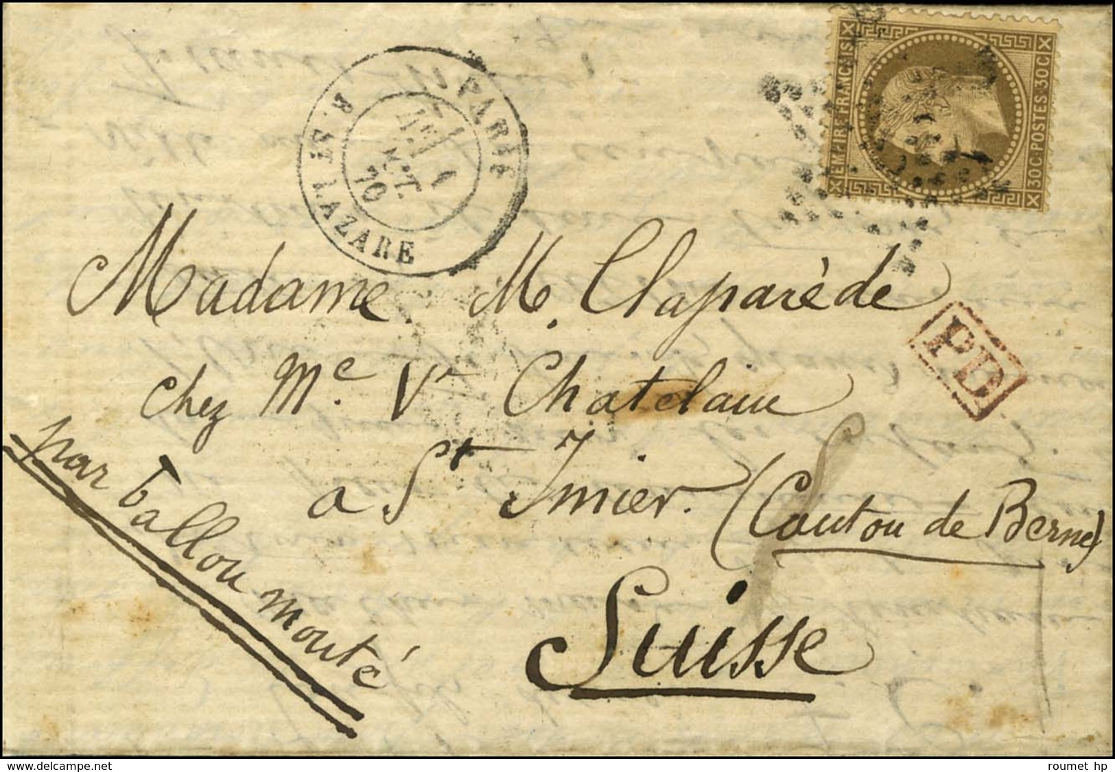 Etoile 2 / N° 30 Càd PARIS / R. ST LAZARE 1 OCT. 70 Sur Lettre Pour ST IMIER (Canton De Bern). Au Verso, Càd PARIS A BAL - War 1870