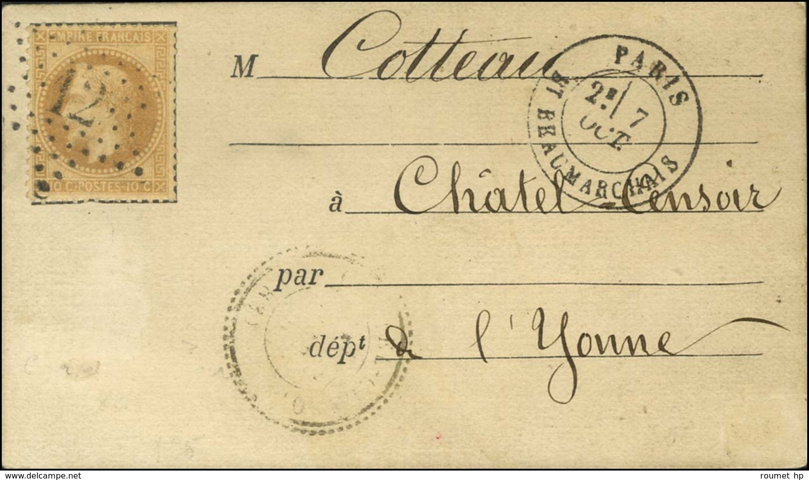 Etoile 12 / N° 28 Càd PARIS / BT BEAUMARCHAIS 7 OCT. 70 Sur Carte Pour Châtel-Censoir (Yonne). Au Recto, Càd D'arrivée T - War 1870