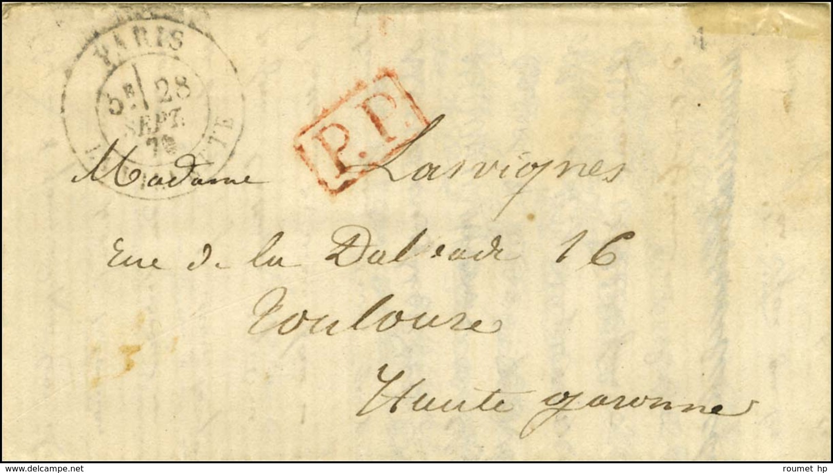 Càd PARIS / LA VILLETTE 28 SEPT. 70 + P.P. Rouge Sur Lettre Avec Texte Daté Fort D'Aubervilliers Pour Toulouse. Au Verso - War 1870