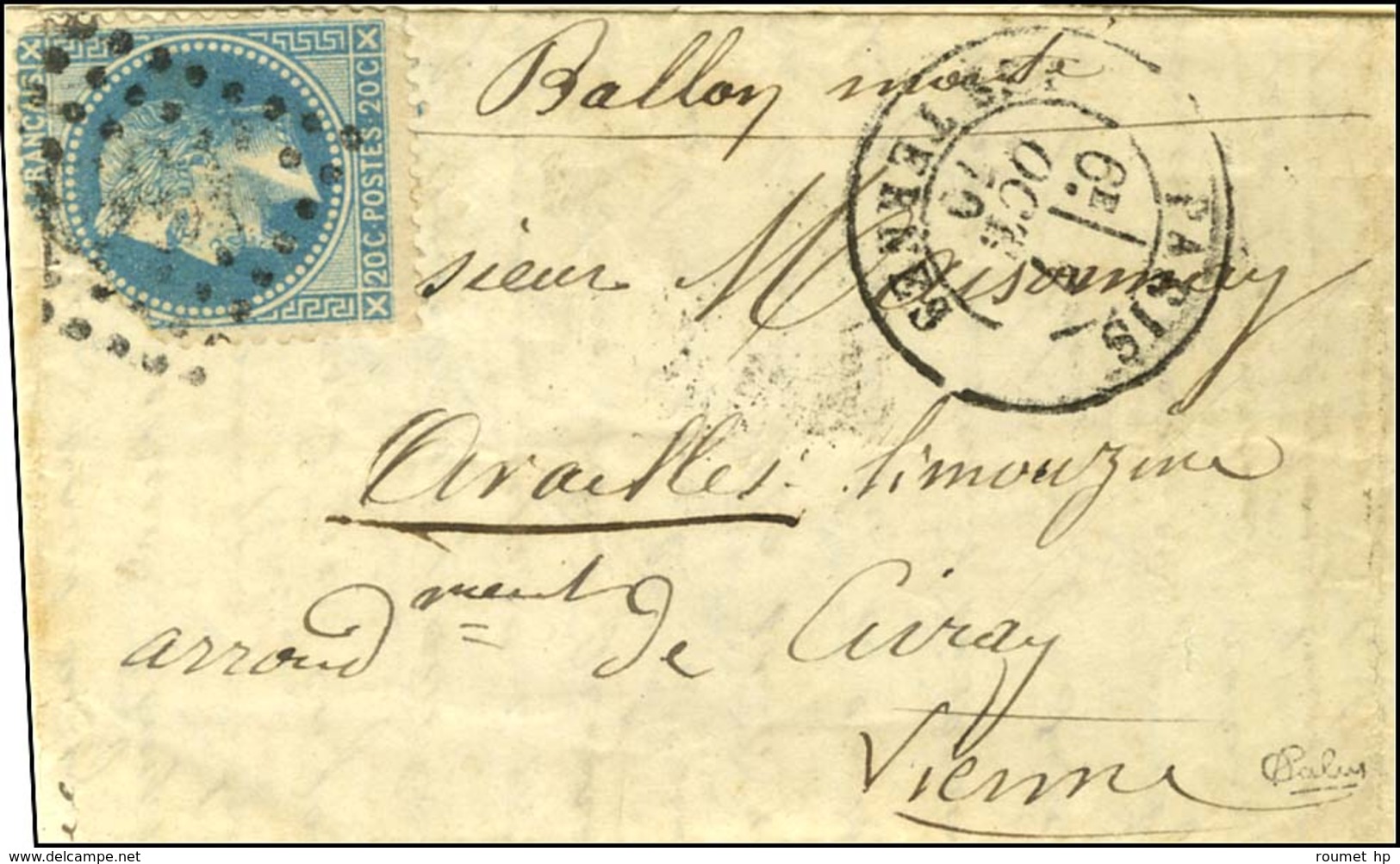 GC 3921 / N° 29 (def) Càd PARIS / LES TERNES 7 OCT. 70 Sur Lettre Pour Availles Limouzine (arrondissement De Civray). Au - War 1870