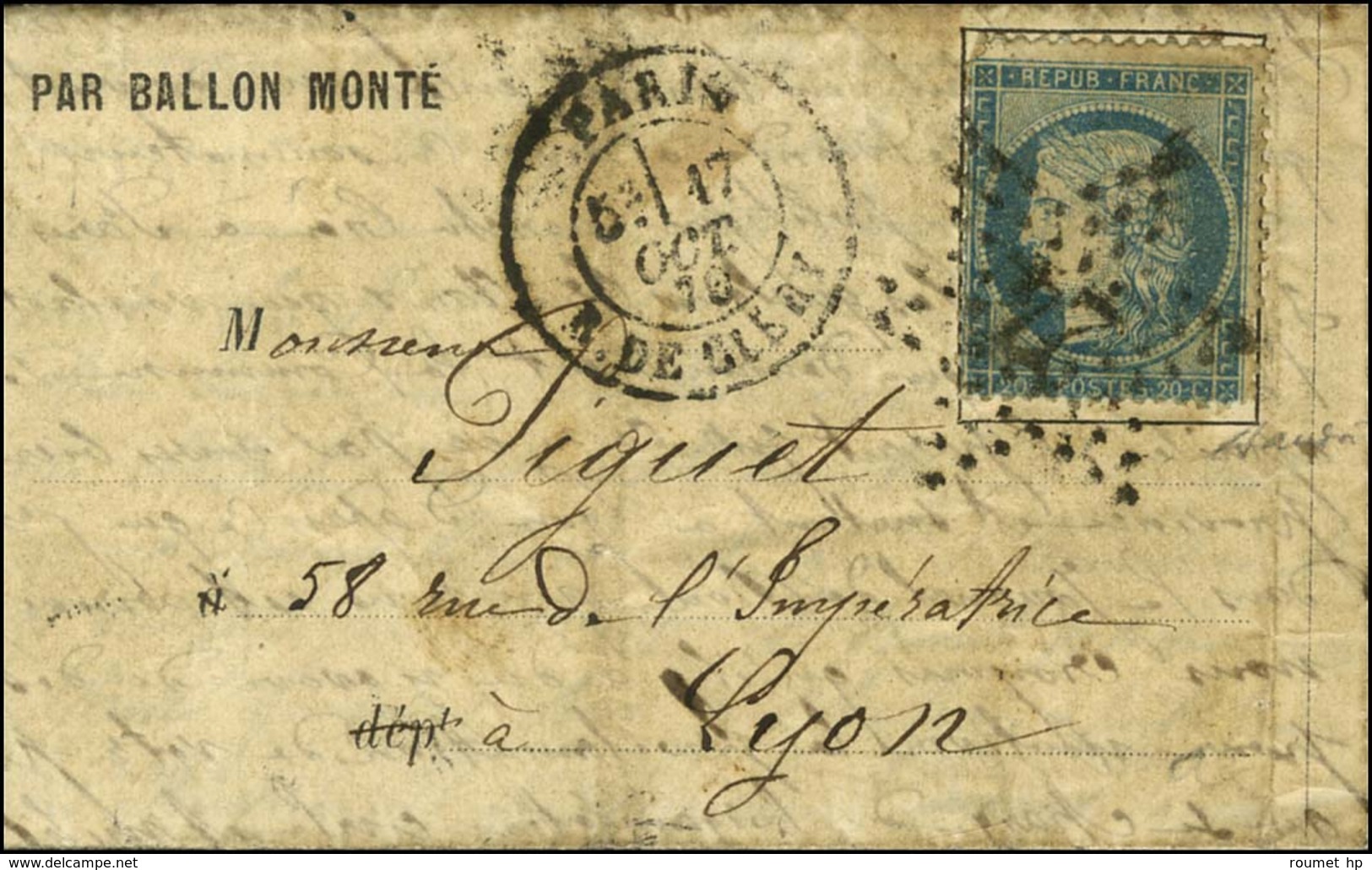 Etoile 24 / N° 37 Càd PARIS / R. DE CLERY 17 OCT. 70 Sur Lettre PAR BALLON MONTE Avec Bon Texte Historique Pour Lyon. Au - War 1870