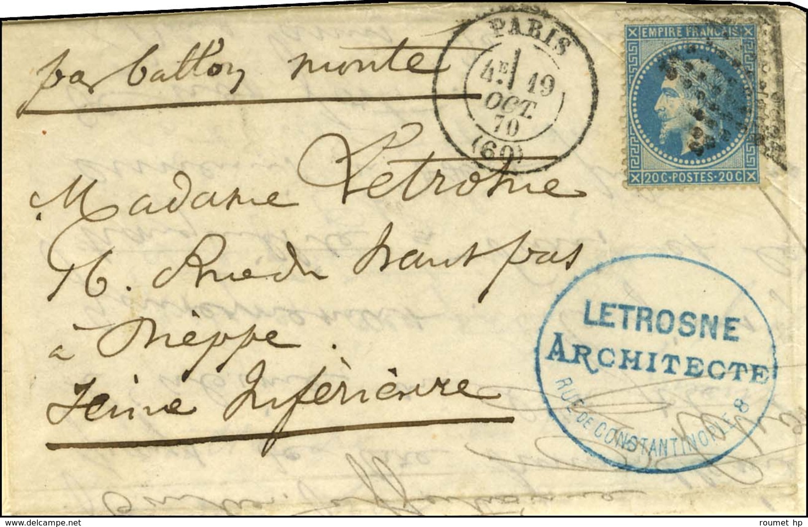 Etoile / N° 29 Càd PARIS (60) 19 OCT. 70 Sur Lettre Pour Dieppe. Au Recto, Rare Cachet Commercial Frappé En Bleu D'un Ar - War 1870