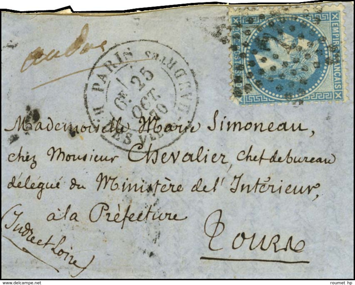 Etoile 7 / N° 29 Càd PARIS / R. DES Vlles HAUDRtes 25 OCT. 70 Sur Lettre Pour Le Ministère De L'Intérieur à Tours. Au Ve - Krieg 1870