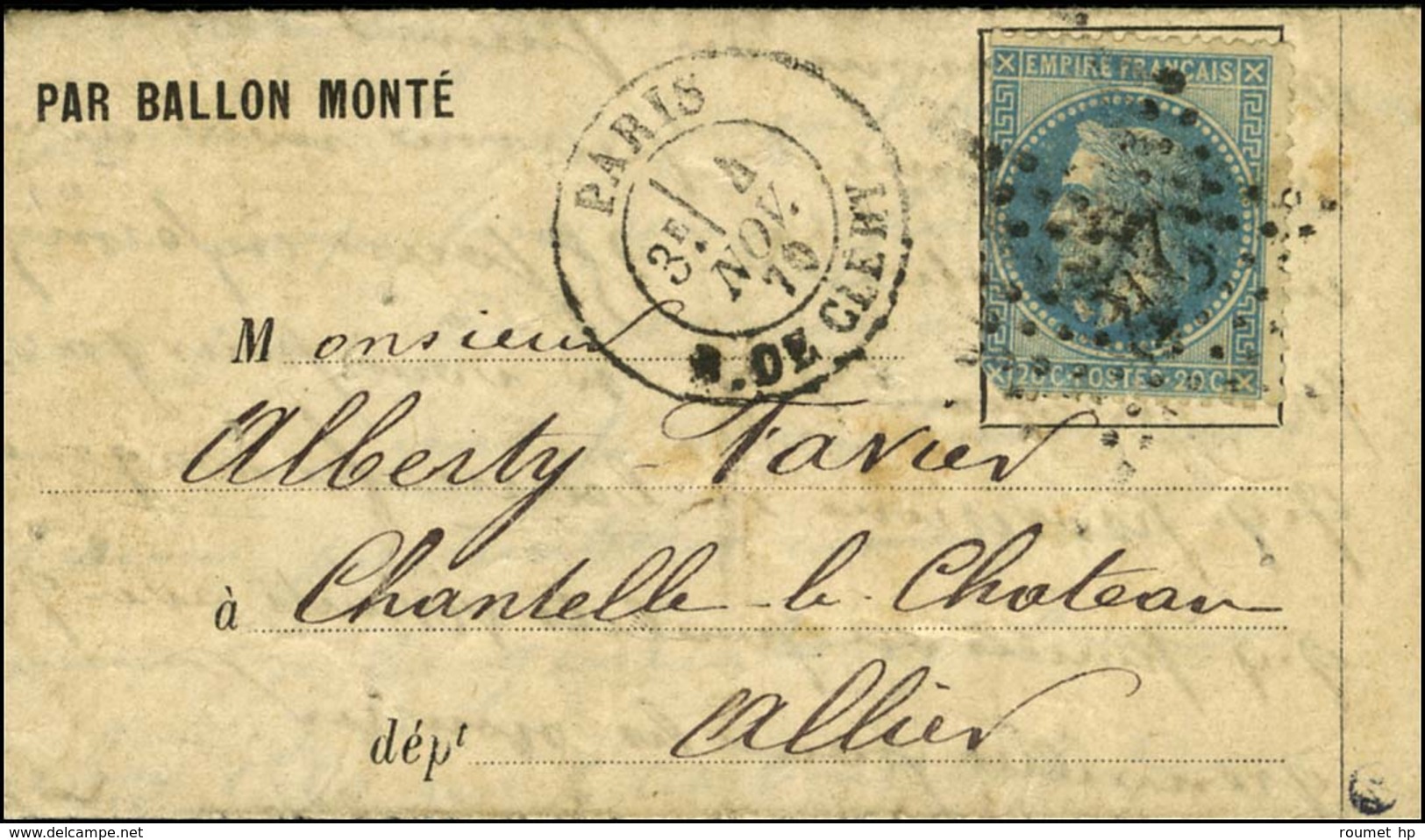 Etoile 24 / N° 29 (def) Càd PARIS / R. DE CLERY 4 NOV. 70 Sur Lettre PAR BALLON MONTE Pour Chantelle Le Château (Allier) - War 1870