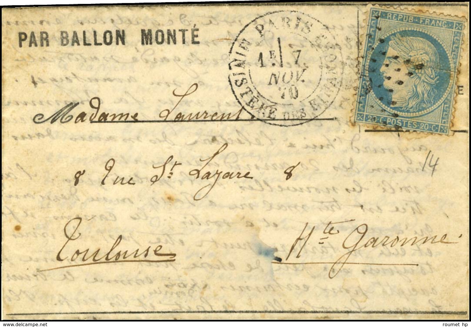 Etoile 35 / N° 37 Càd PARIS / MINISTERE DES FINANCES 7 NOV. 70 Sur Lettre PAR BALLON MONTE Pour Toulouse. Au Verso, Càd  - War 1870