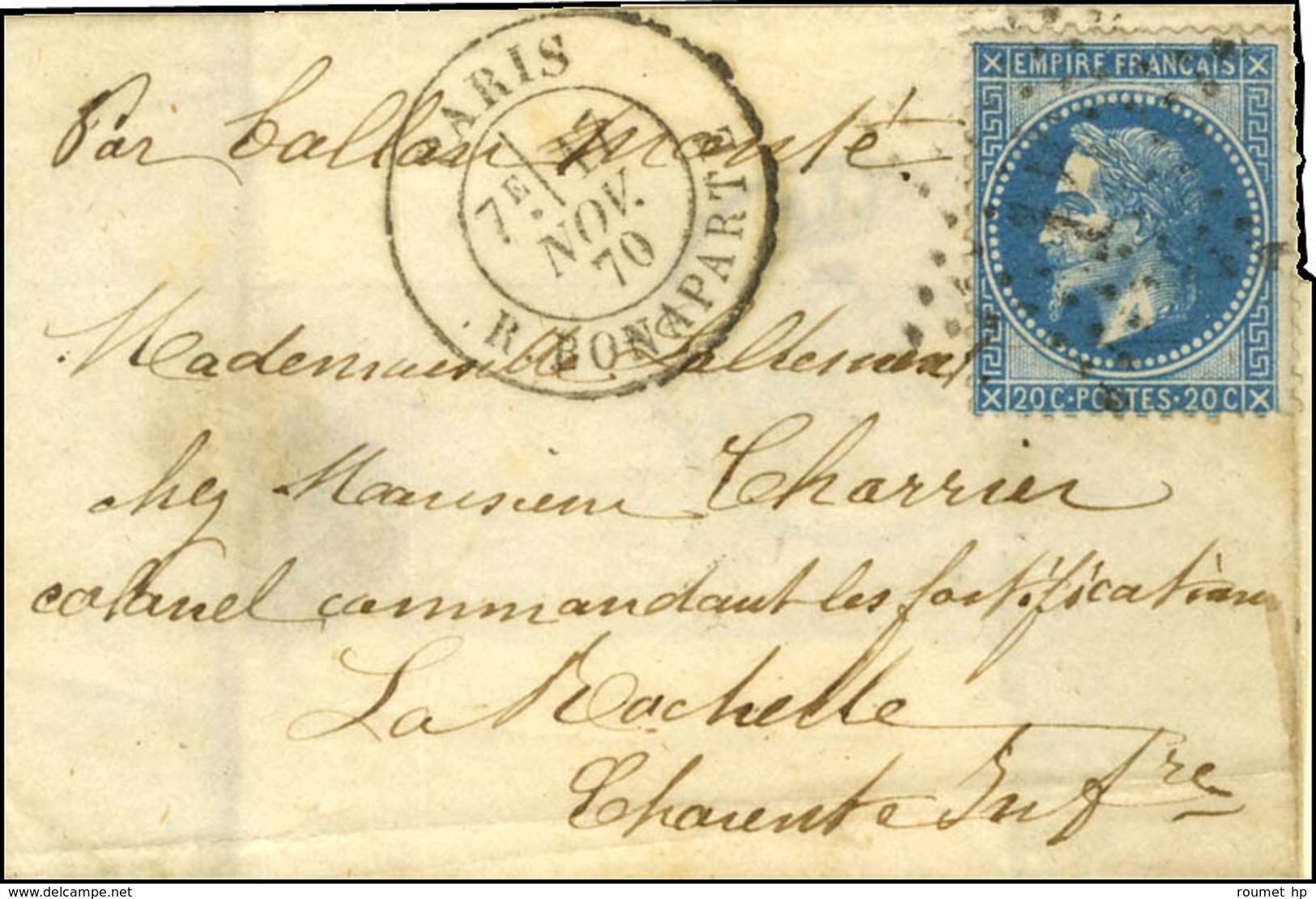 Etoile 15 / N° 29) Càd PARIS / R. BONAPARTE 17 NOV. 70 Sur Lettre Sans Texte Adressée Au Colonel Commandant Les Fortific - War 1870
