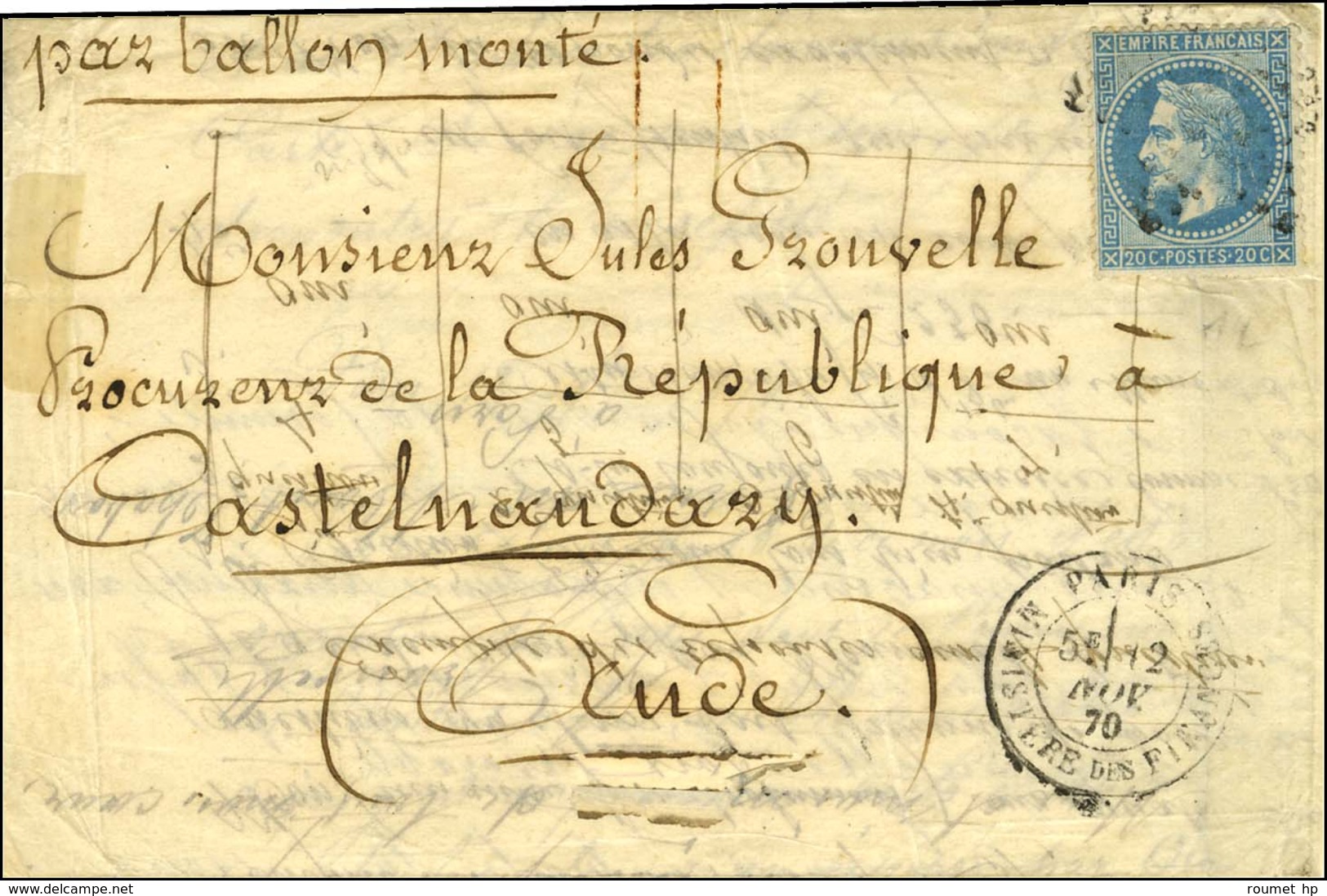 Etoile 35 / N° 29 (léger Pli) Càd PARIS / MINISTERE DES FINANCES 12 NOV. 70 Sur Lettre Pour Castelnaudary . Au Verso, Cà - War 1870