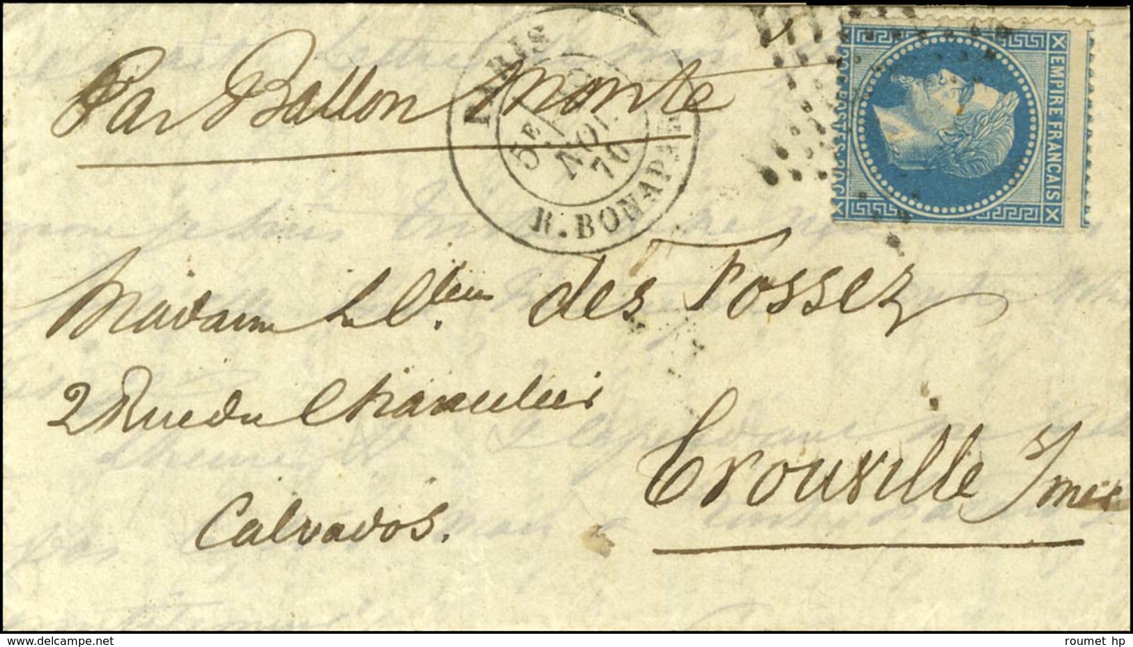 Etoile 15 / N° 2 Càd PARIS / R. BONAPARTE 19 NOV. 70 Sur Lettre Pour Trouville Sans Càd D'arrivée. L'ARCHIMEDE Probable. - War 1870
