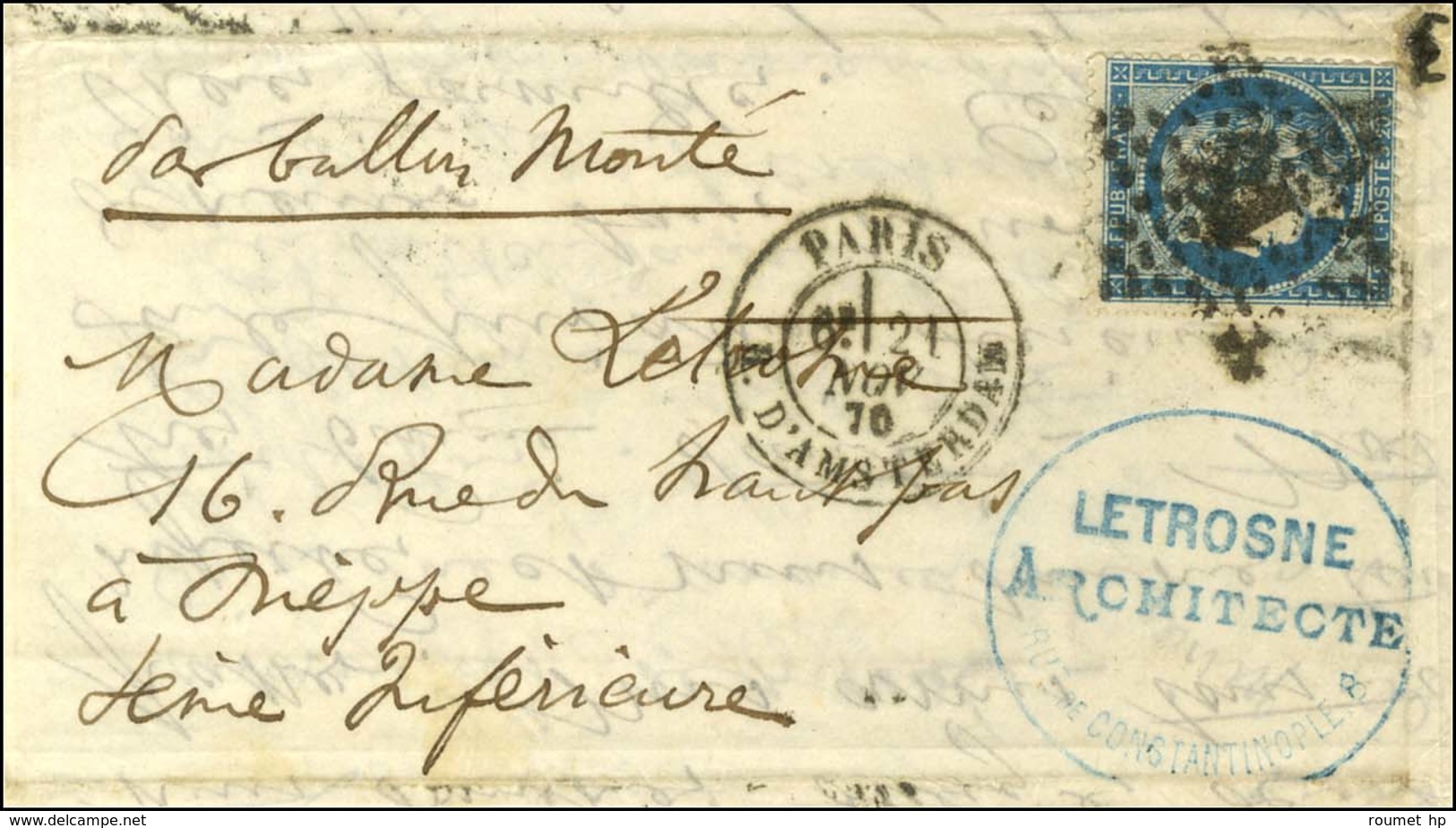 Etoile 18 / N° 37 Càd PARIS / R. D'AMSTERDAM 21 NOV. 70 Sur Lettre Pour Dieppe Avec, Au Recto, Cachet Commercial Bleu D' - War 1870