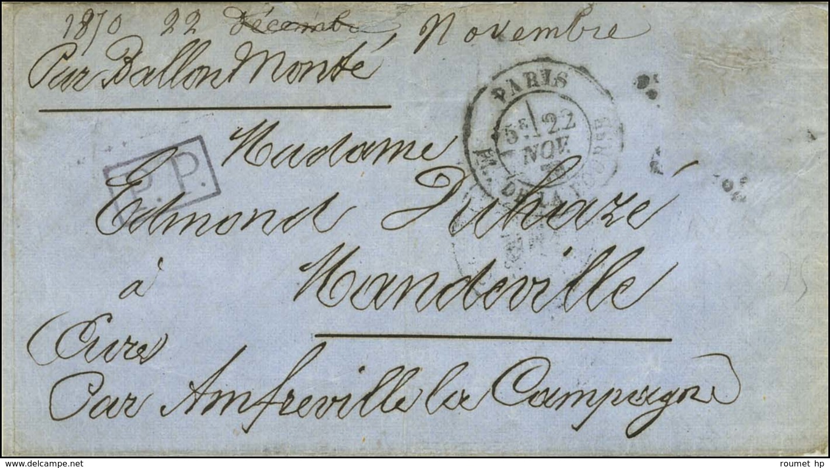 Càd PARIS / PL. DE LA BOURSE 22 NOV. 70 5e Levée + P.P. Pour Timbre Tombé Par Immersion Sur Lettre Pour Mandeville (Eure - War 1870