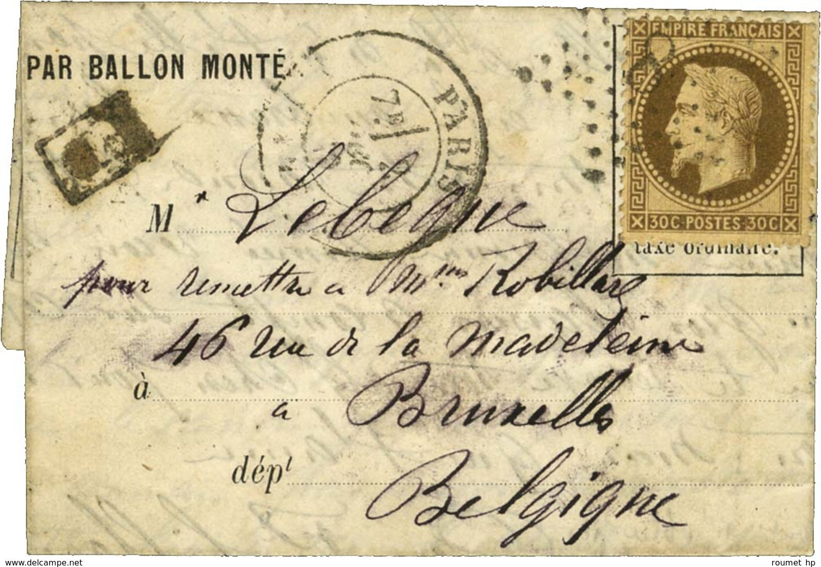 Etoile 8 / N° 30 Càd PARIS / R. D'ANTIN 2 DEC. 70 Sur Lettre PAR BALLON MONTE Pour Bruxelles. Au Verso, Càd D'arrivée 10 - War 1870