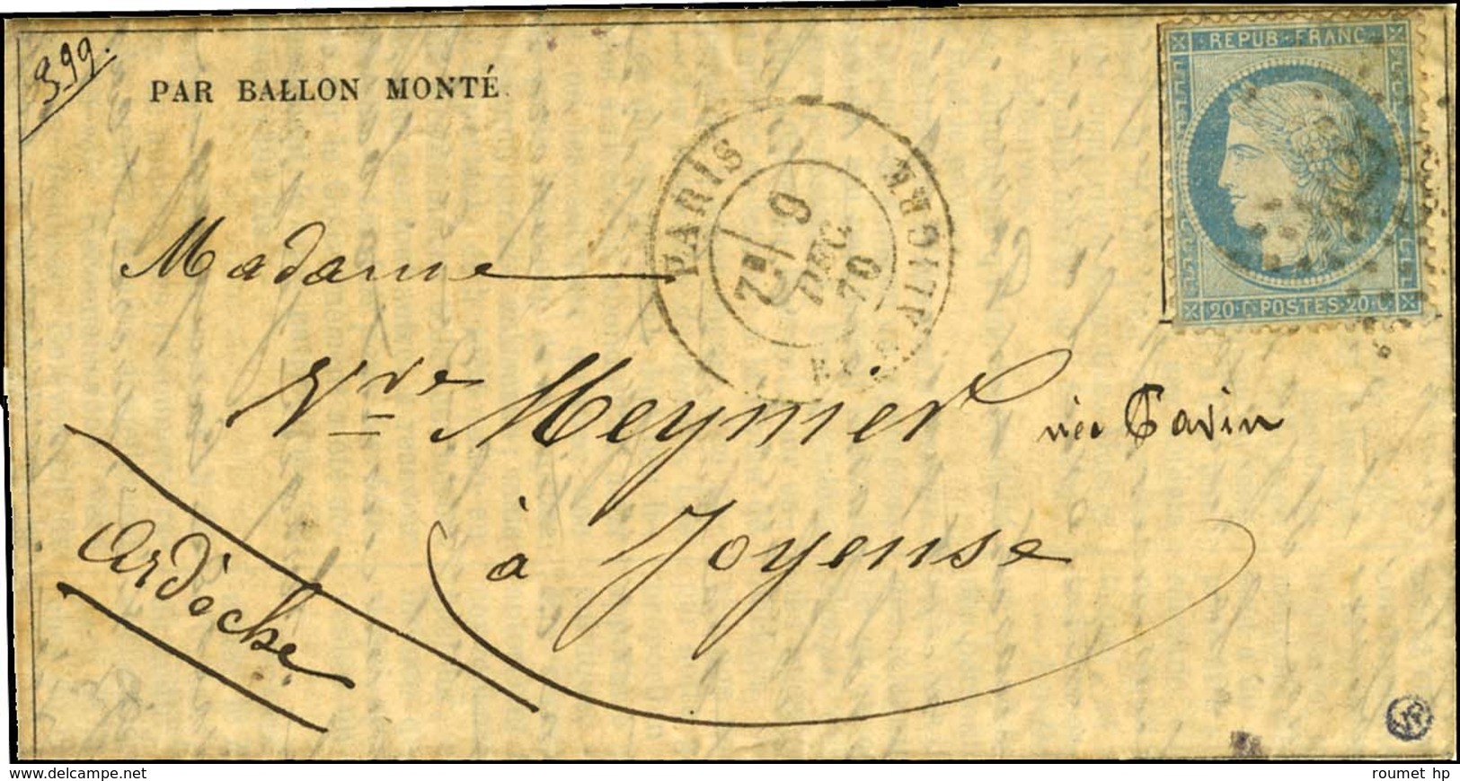 Etoile 23 / N° 37 Càd PARIS / RUE ALIGRE 9 DEC. 70 Sur Gazette N° 14 Pour Joyeuse (Ardèche). Au Verso, Càd D'arrivée 21  - War 1870