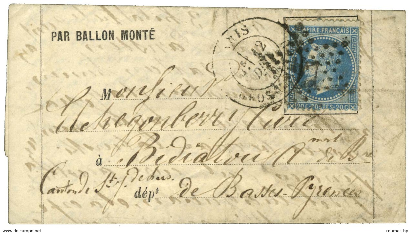 Etoile 27 / N° 29 Càd PARIS / GROS CAILLOU 12 DEC. 70 Sur Lettre PAR BALLON MONTE Pour Bidallou (Canton De St Jean De Lu - War 1870