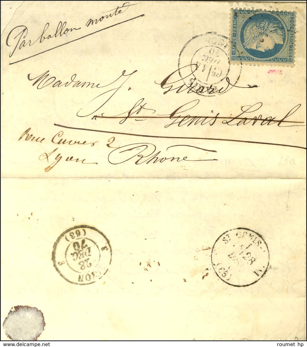 Etoile / N° 37 Càd PARIS (60) 14 DEC. 70 Sur Lettre Pour St Génis Laval Réexpédiée à Lyon. Au Verso, Càd D'arrivée 28 DE - War 1870