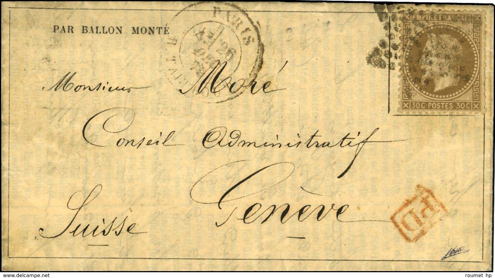 Etoile 22 / N° 30 Càd PARIS / R. TAITBOUT 26 DEC. 70 Sur Gazette N° 19 Pour Genève Sans Càd D'arrivée. LE TOURVILLE Prob - War 1870