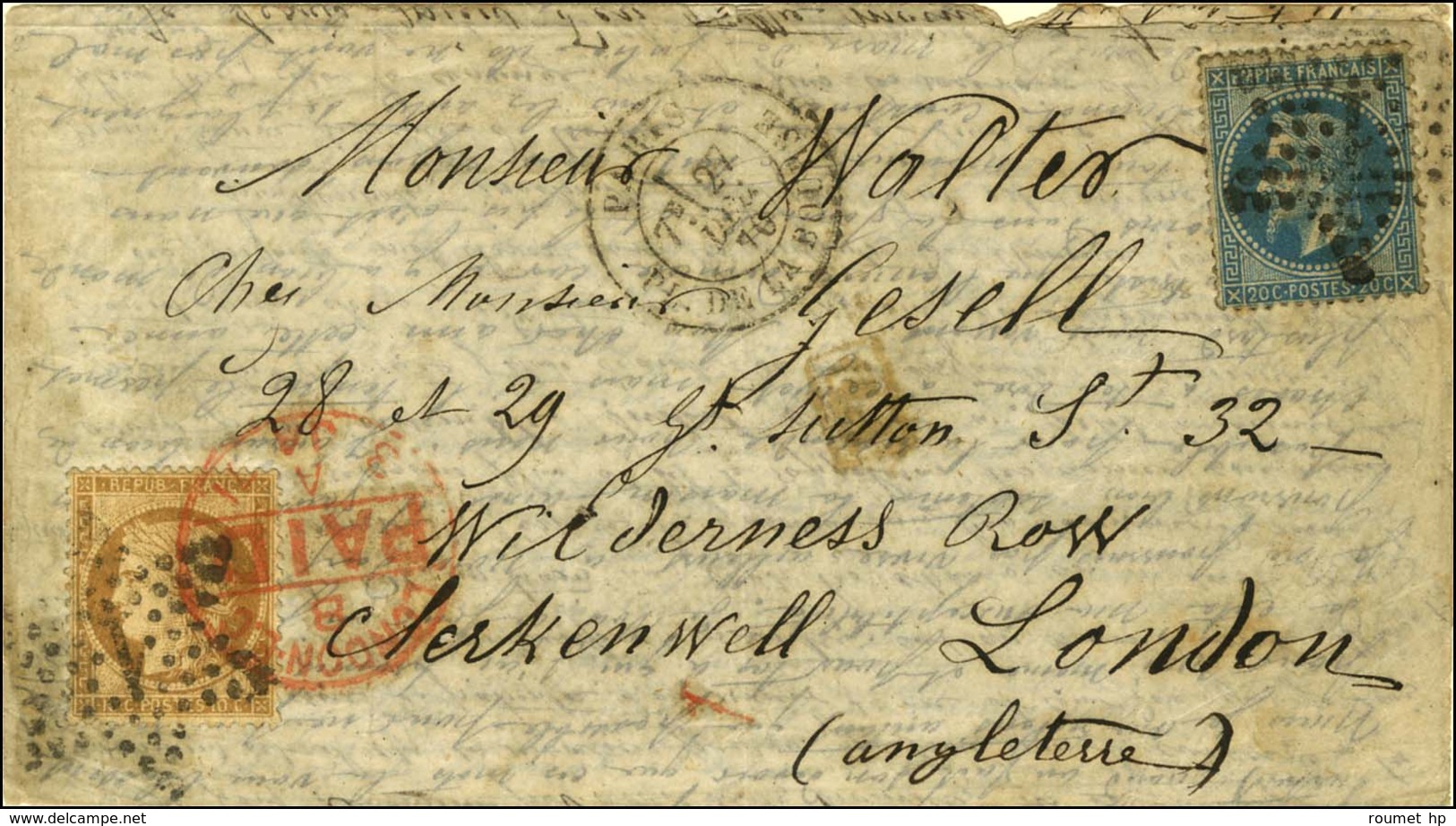 Etoile 1 / N° 29 + 36 Càd PARIS / PL. DE LA BOURSE 27 DEC. 70 Sur Lettre Pour Londres. Au Recto, Càd D'arrivée 3 JANV. 7 - War 1870