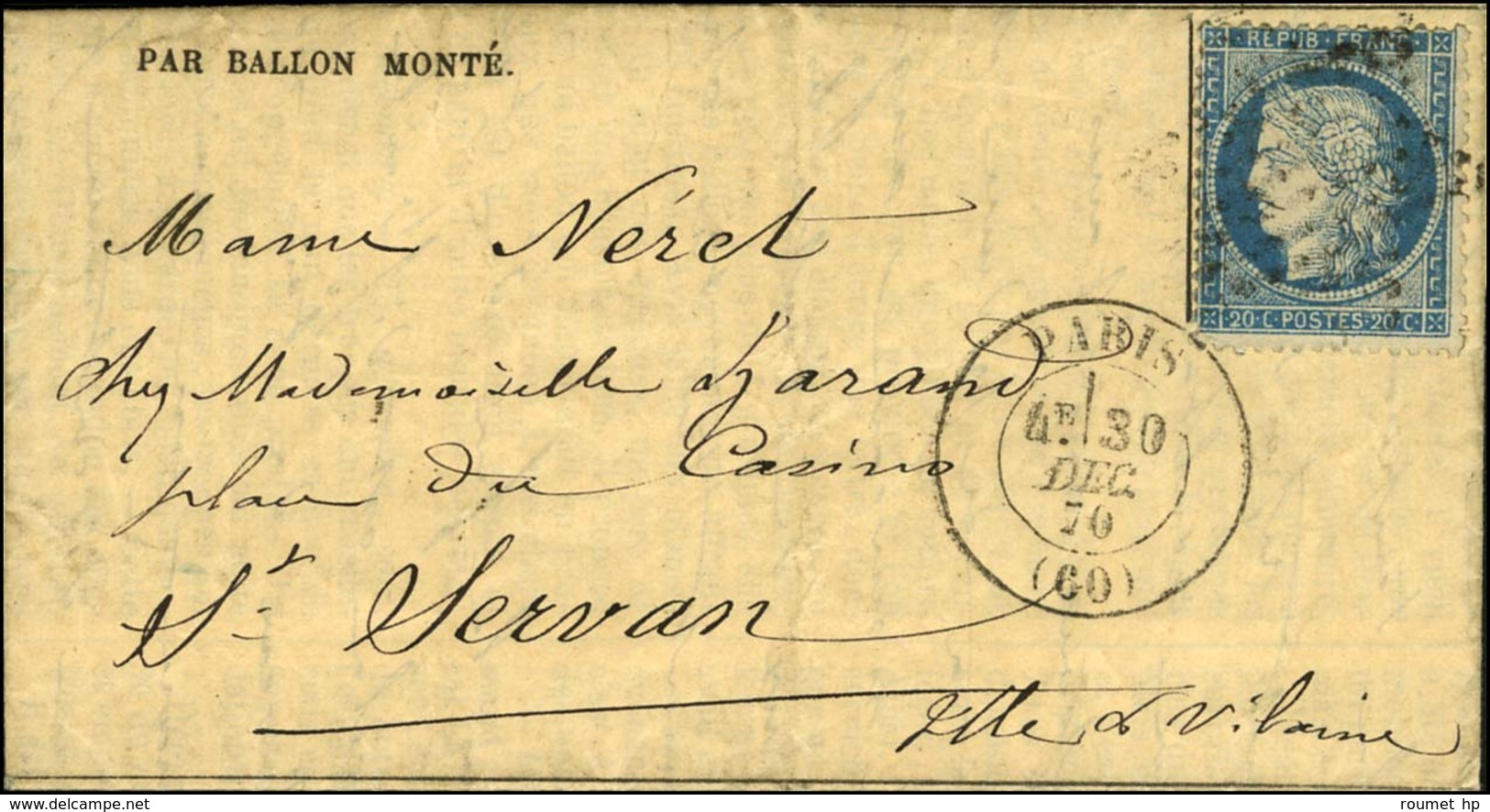 Etoile / N° 27 Càd PARIS (60) 30 DEC. 70 Sur Gazette N° 20 Pour St Servan. Au Verso, Càd D'arrivée Illisible. LE NEWTON  - War 1870